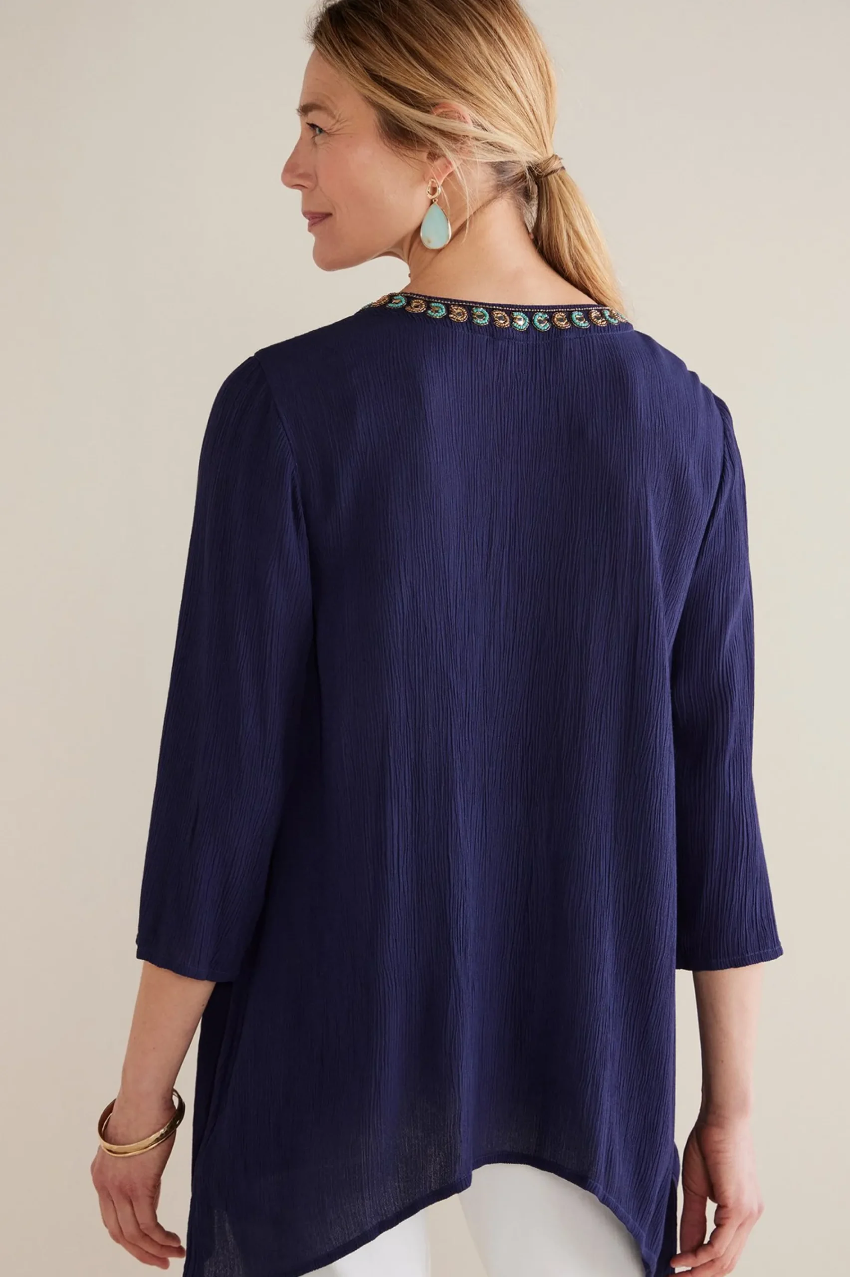 Feminine Flourish|Into The Blues-Soft Surroundings Petites Paulina Gauze Pullover Navy