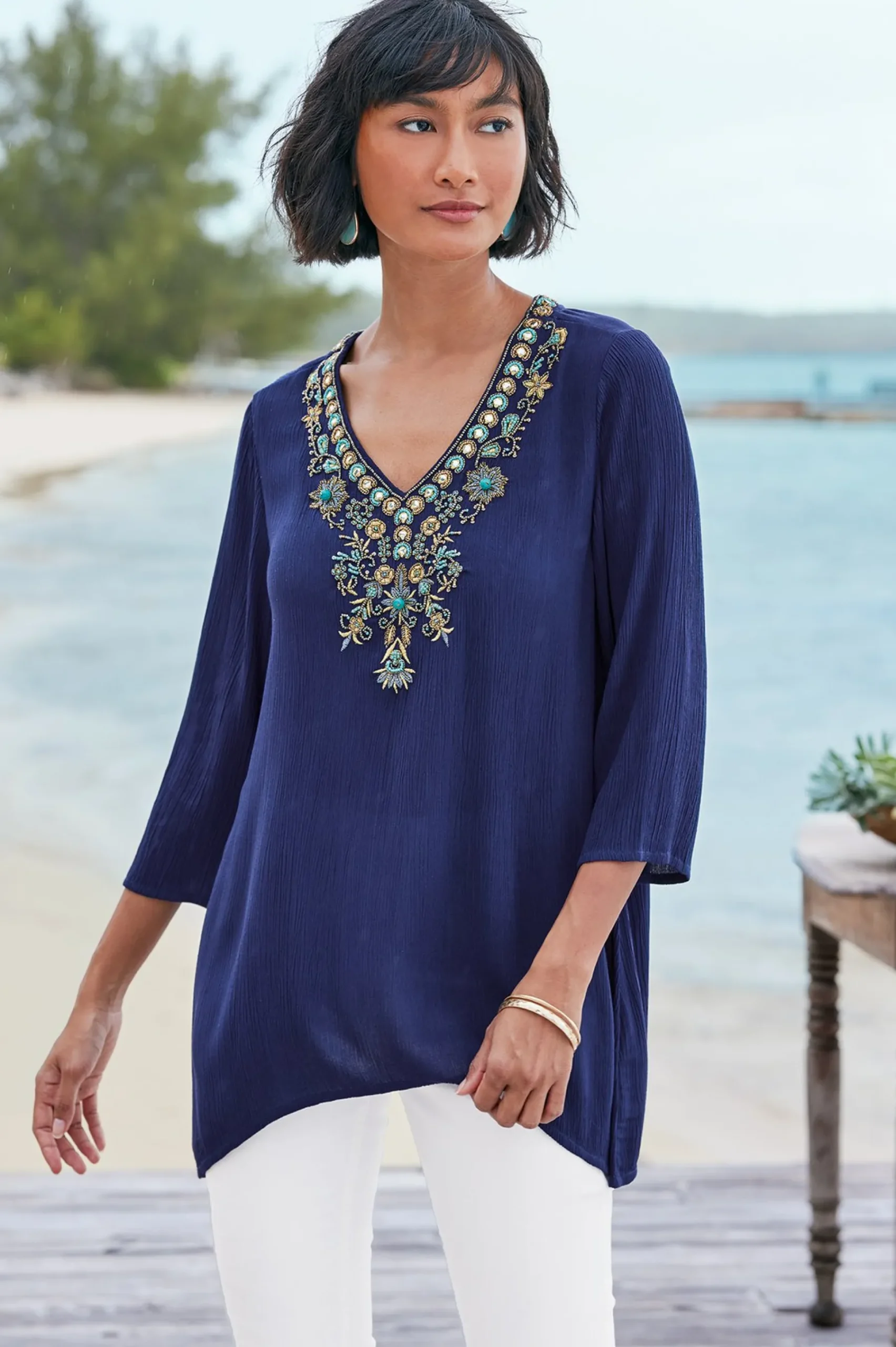 Feminine Flourish|Into The Blues-Soft Surroundings Petites Paulina Gauze Pullover Navy
