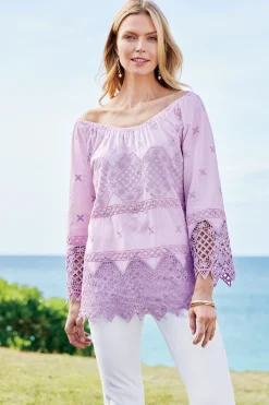 Feminine Flourish|Global Artistry-Soft Surroundings Petites Pilar Off the Shoulder Top Orchid Bloom