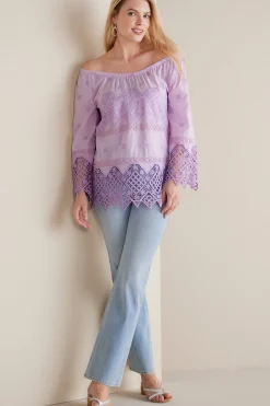 Feminine Flourish|Global Artistry-Soft Surroundings Petites Pilar Off the Shoulder Top Orchid Bloom