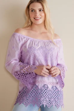 Feminine Flourish|Global Artistry-Soft Surroundings Petites Pilar Off the Shoulder Top Orchid Bloom