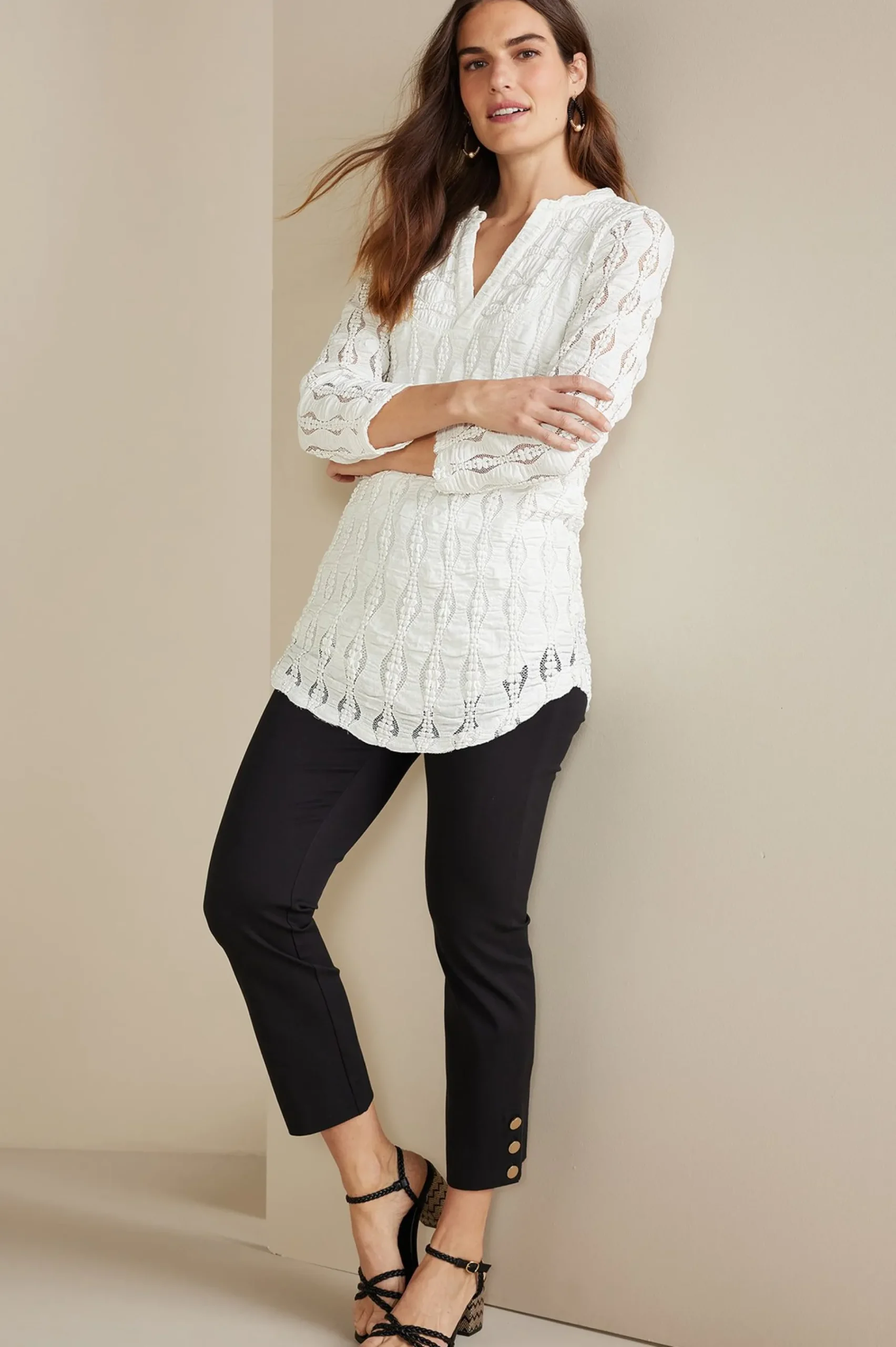 Feminine Flourish|Global Artistry-Soft Surroundings Petites Priya Knit Lace Tunic White