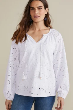Feminine Flourish|Global Artistry-Soft Surroundings Petites Rhiannon Eyelet Peasant Top White