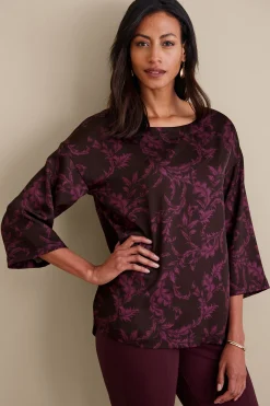three quarter length|pullovers-Soft Surroundings Petites Selina Top Wine Botanical