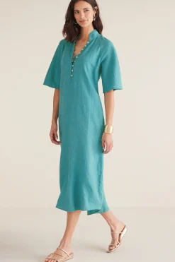 solids|mid-length-Soft Surroundings Petites Theodora Linen Dress Teal