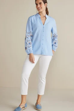 Into The Blues-Soft Surroundings Petites Titania Embroidered Top Chambray Blue
