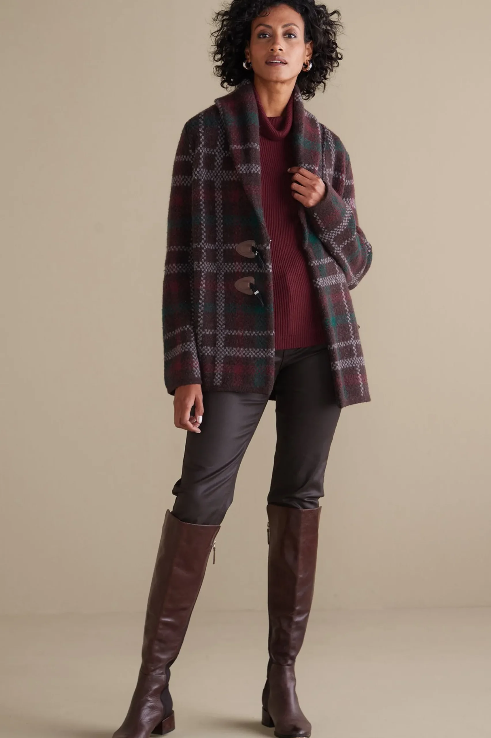 Jackets & Coats|Sweaters & Cardigans-Soft Surroundings Plaid Sweater Coat Brown Plaid