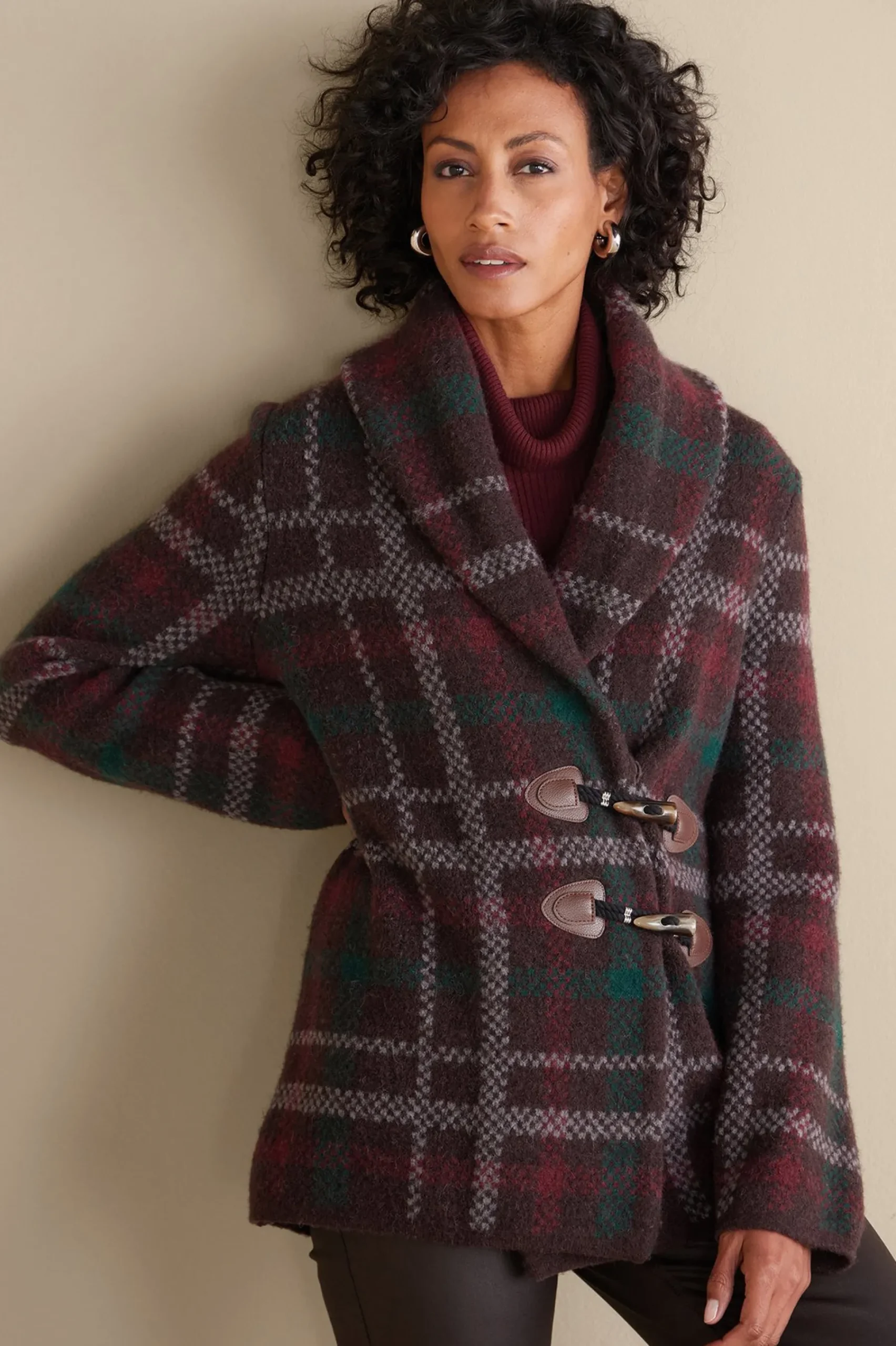 Jackets & Coats|Sweaters & Cardigans-Soft Surroundings Plaid Sweater Coat Brown Plaid