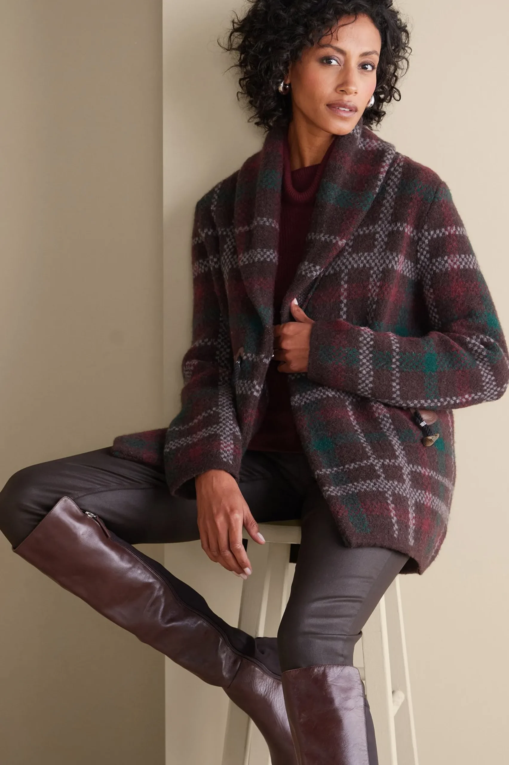 Jackets & Coats|Sweaters & Cardigans-Soft Surroundings Plaid Sweater Coat Brown Plaid