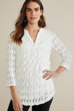 three quarter length|pullovers-Soft Surroundings Priya Knit Lace Tunic White