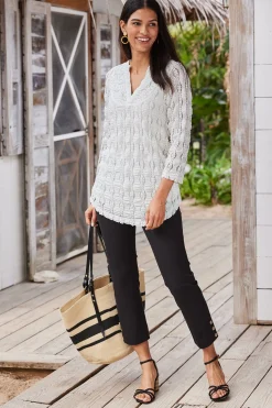 three quarter length|pullovers-Soft Surroundings Priya Knit Lace Tunic White