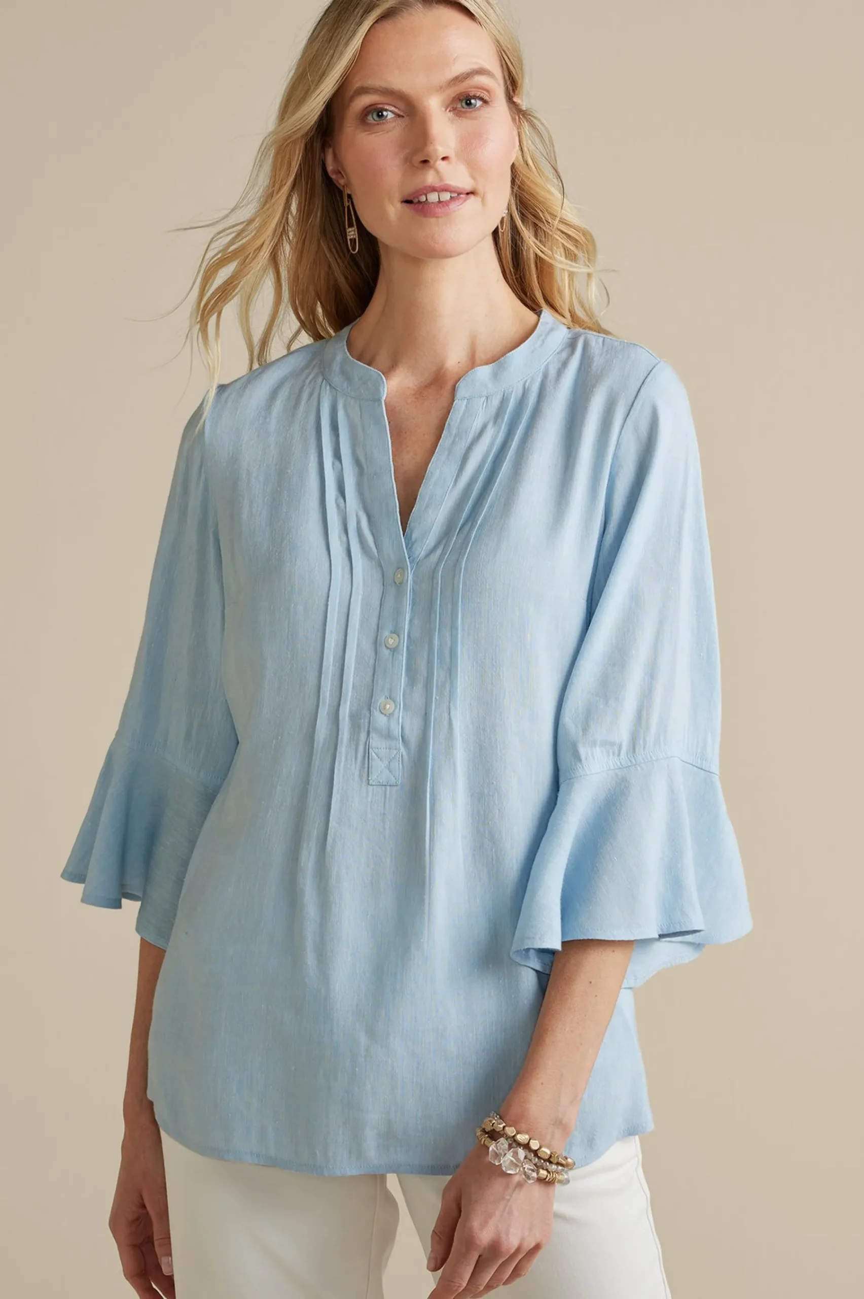 Feminine Flourish|Into The Blues-Soft Surroundings Raisa Linen Blend Top Blue Bell