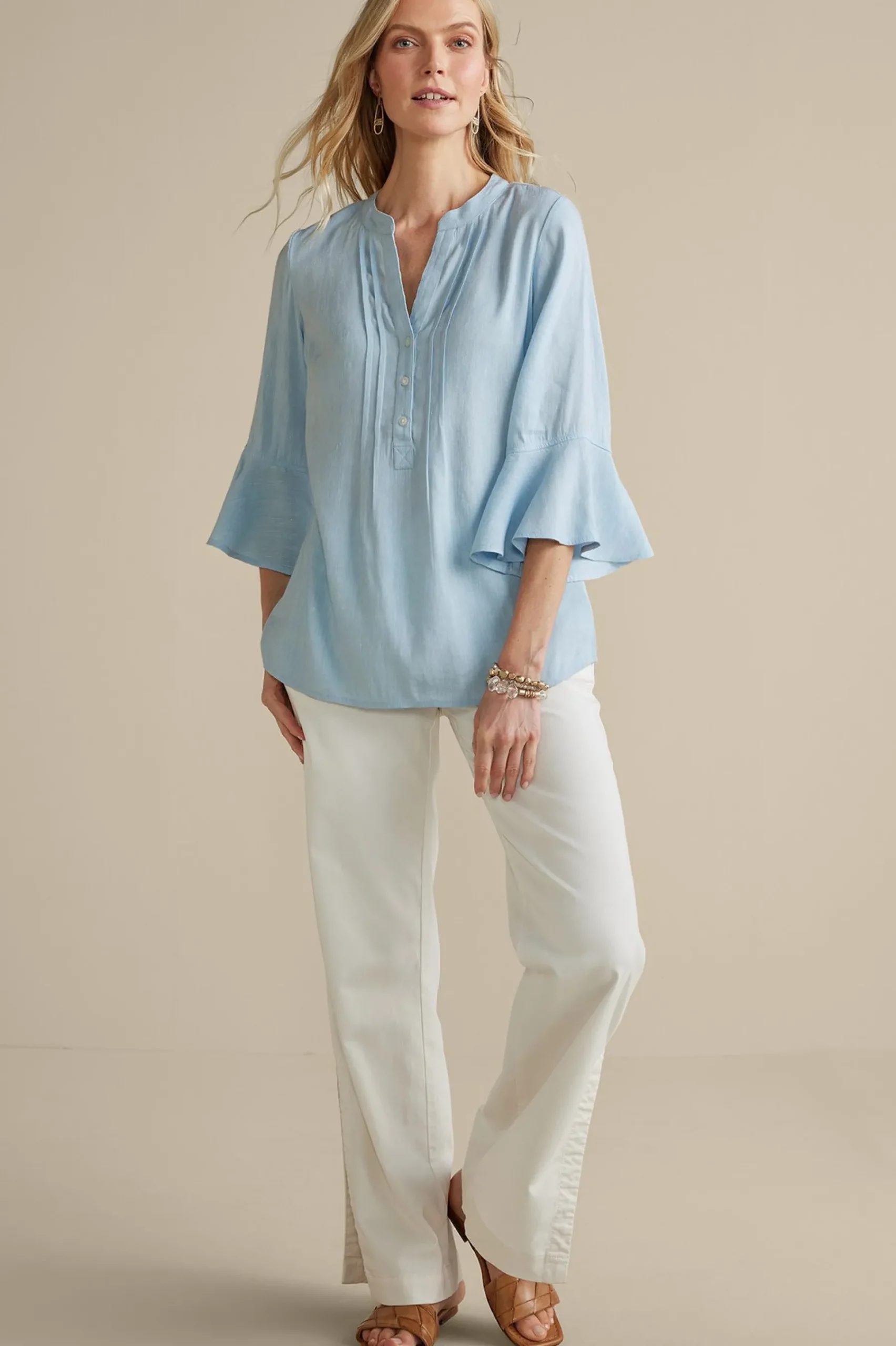 Feminine Flourish|Into The Blues-Soft Surroundings Raisa Linen Blend Top Blue Bell