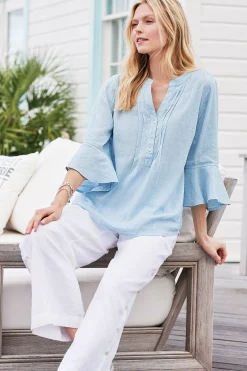 Feminine Flourish|Into The Blues-Soft Surroundings Raisa Linen Blend Top Blue Bell