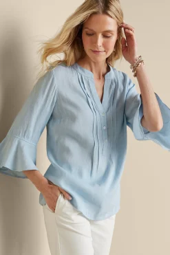 Feminine Flourish|Into The Blues-Soft Surroundings Raisa Linen Blend Top Blue Bell