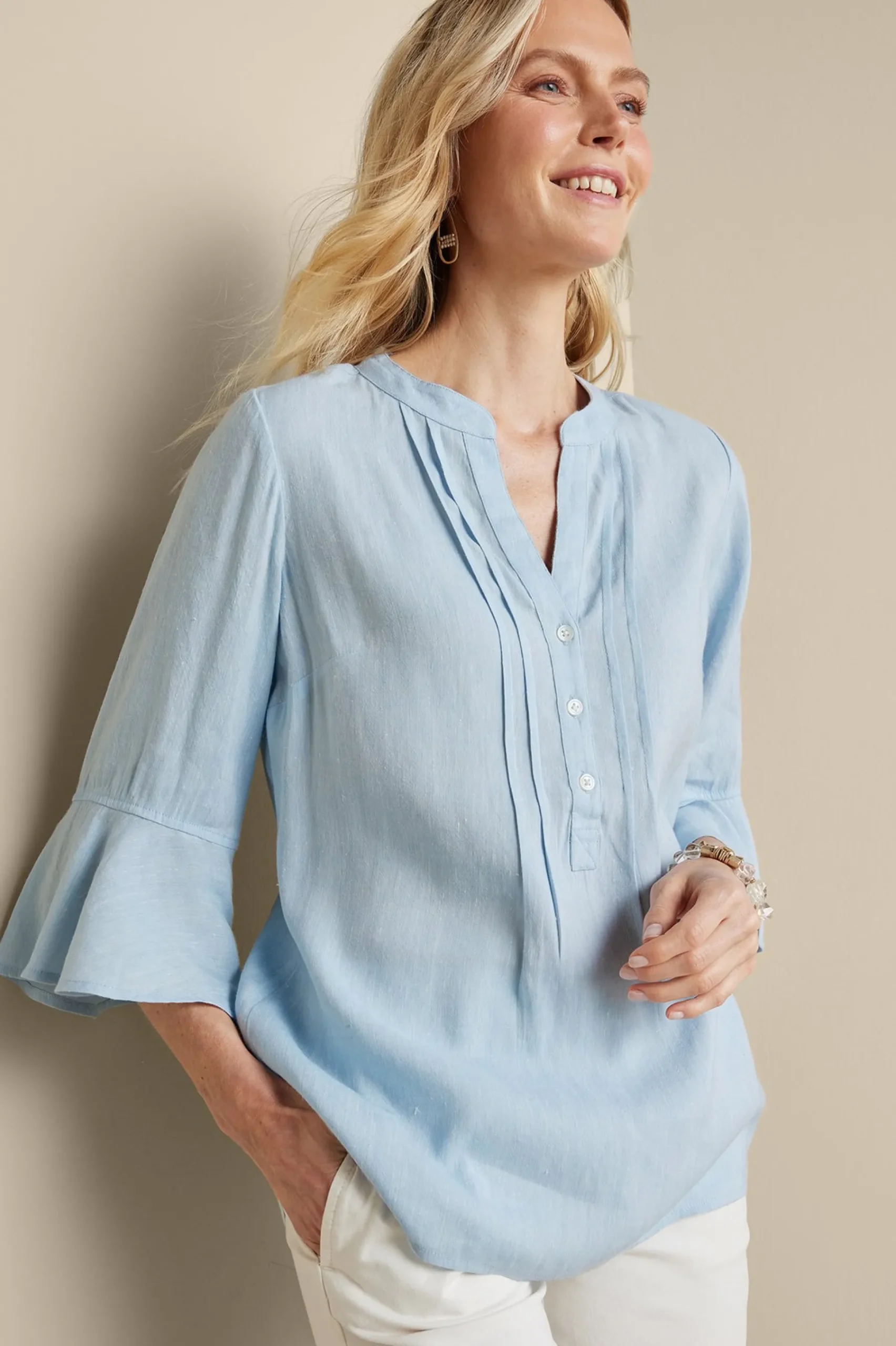 Feminine Flourish|Into The Blues-Soft Surroundings Raisa Linen Blend Top Blue Bell