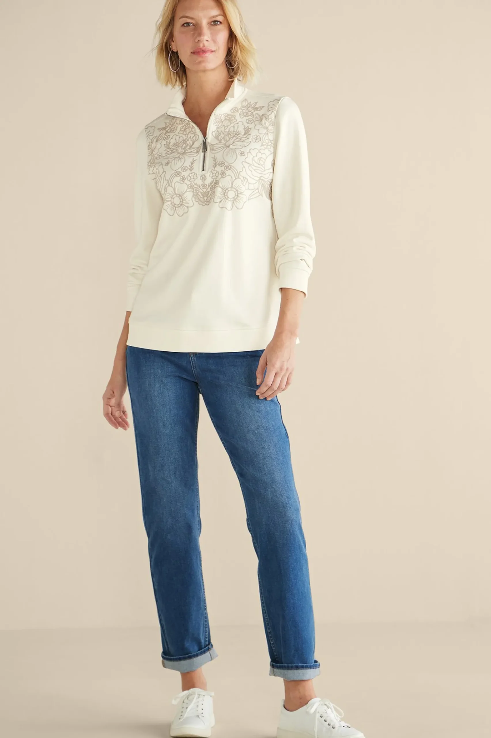 Feminine Flourish|Wear Now Styles-Soft Surroundings Rochelle Embroidered French Terry Pullover Ivory Pearl