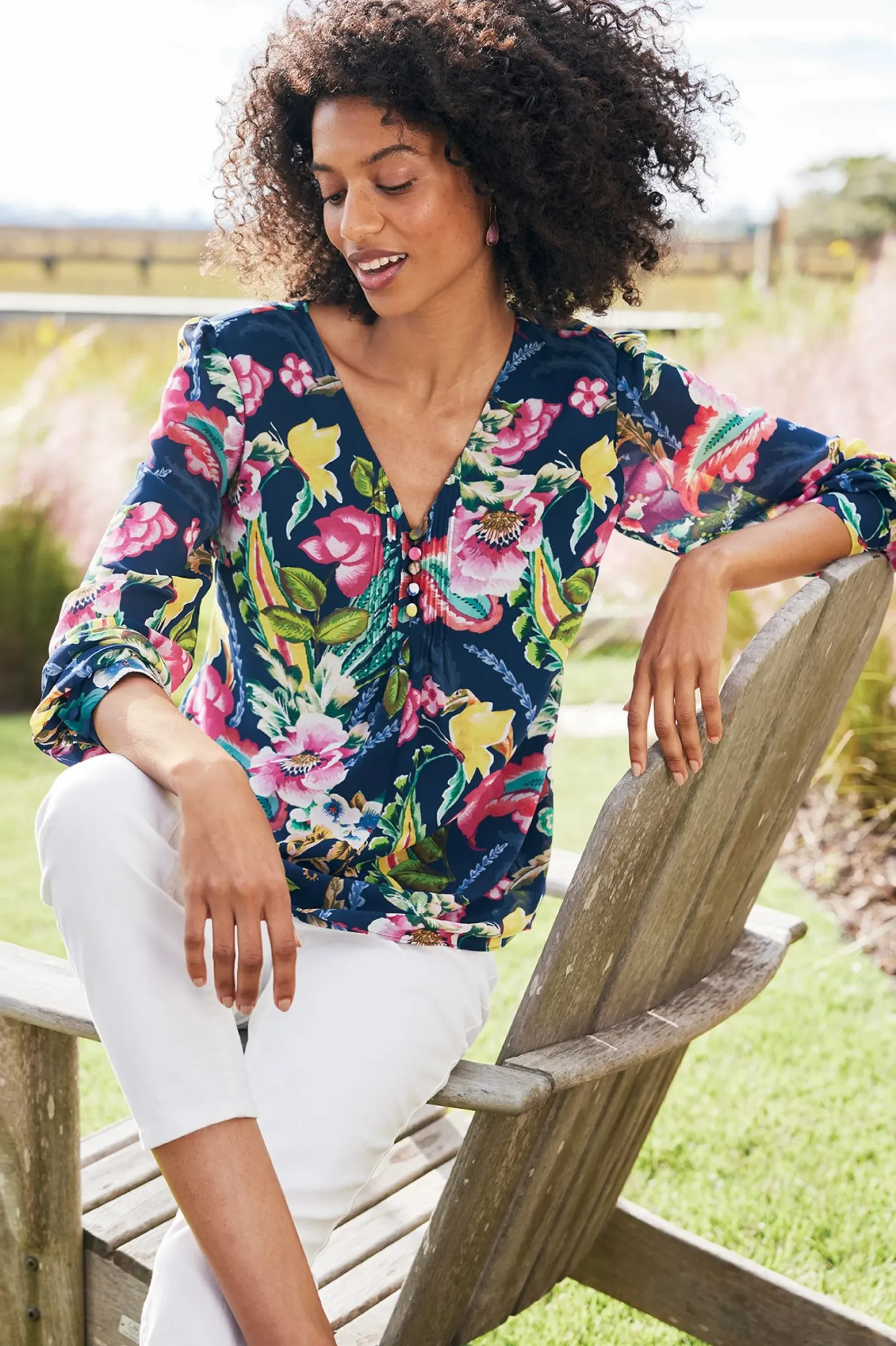 Feminine Flourish|Vacation Shop-Soft Surroundings Samantha Georgette Top Navy Paisley