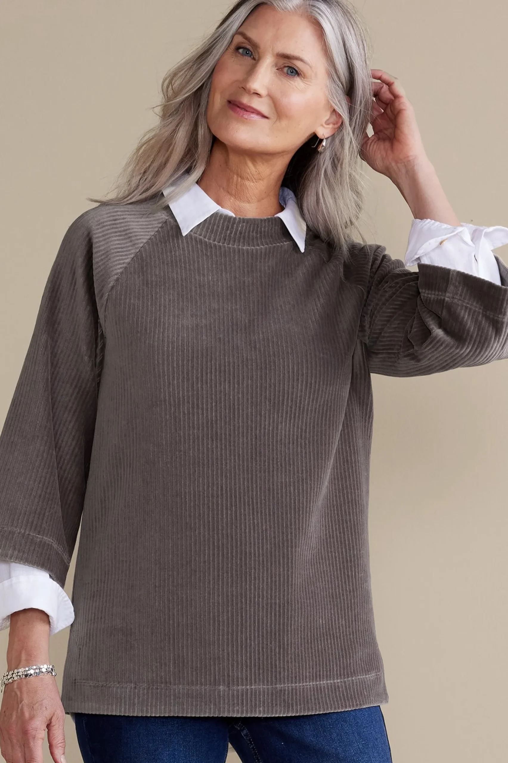 Everyday Styles|three quarter length-Soft Surroundings Samina Corduroy Pullover Shoreline Grey