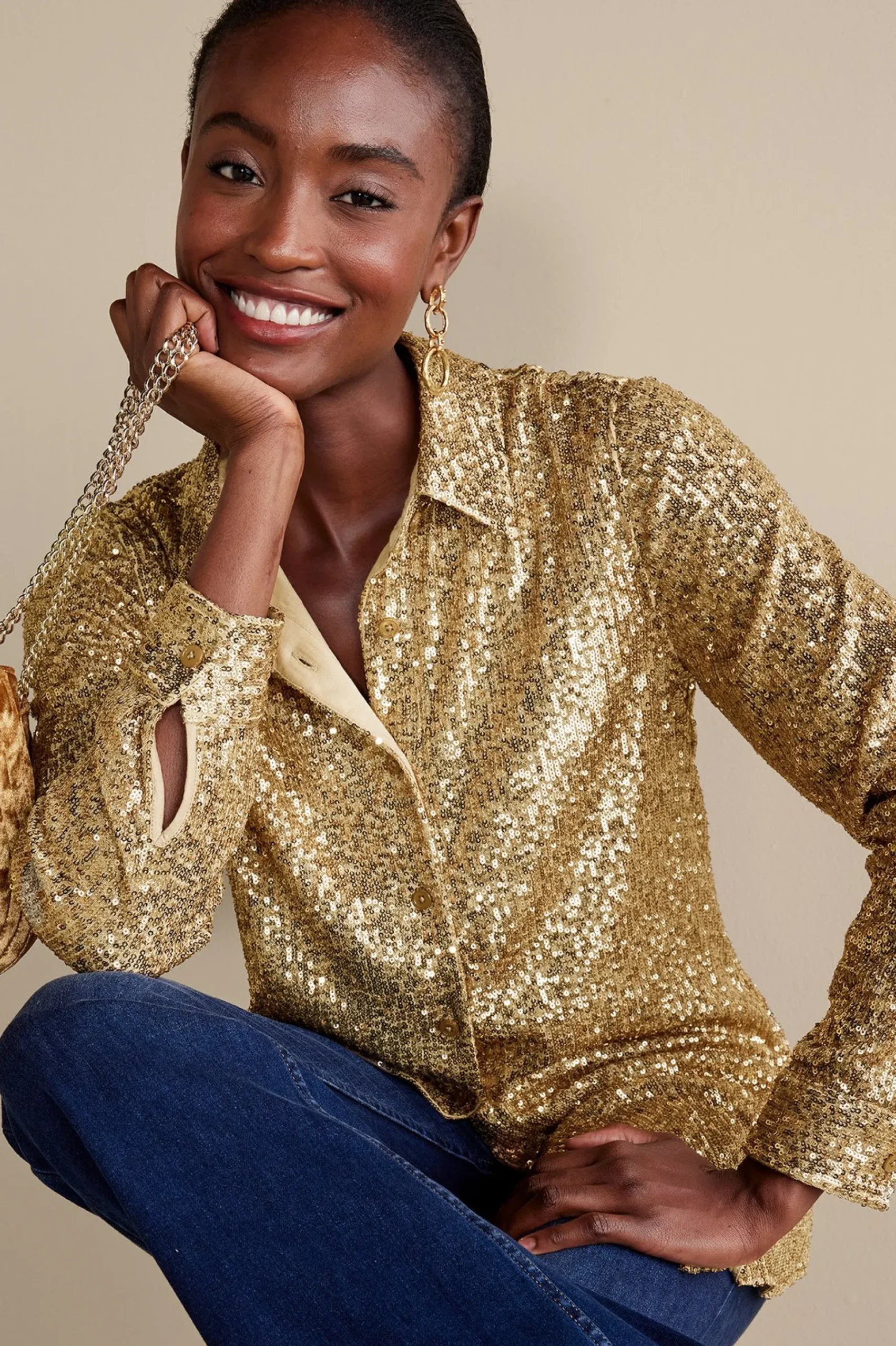 Feminine Flourish|long sleeve-Soft Surroundings Sancerre Sequin Shirt Gold Sequin