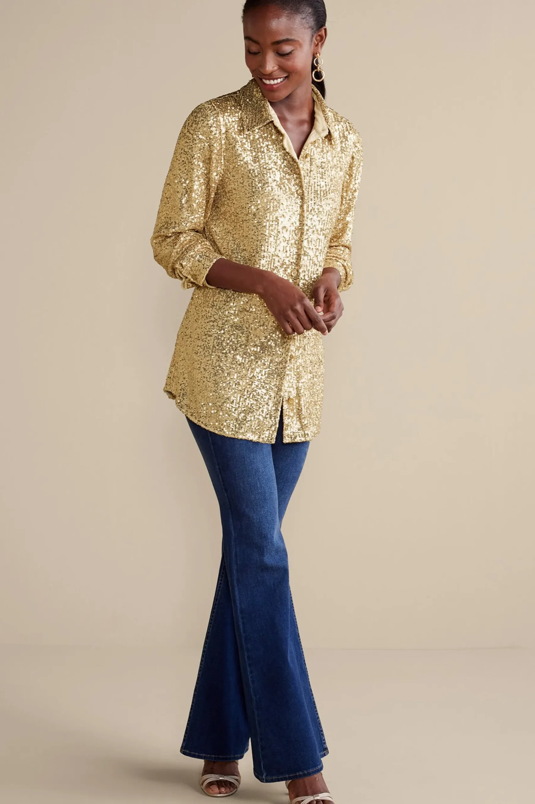 Feminine Flourish|long sleeve-Soft Surroundings Sancerre Sequin Shirt Gold Sequin
