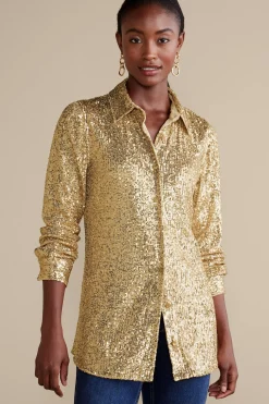 Feminine Flourish|long sleeve-Soft Surroundings Sancerre Sequin Shirt Gold Sequin
