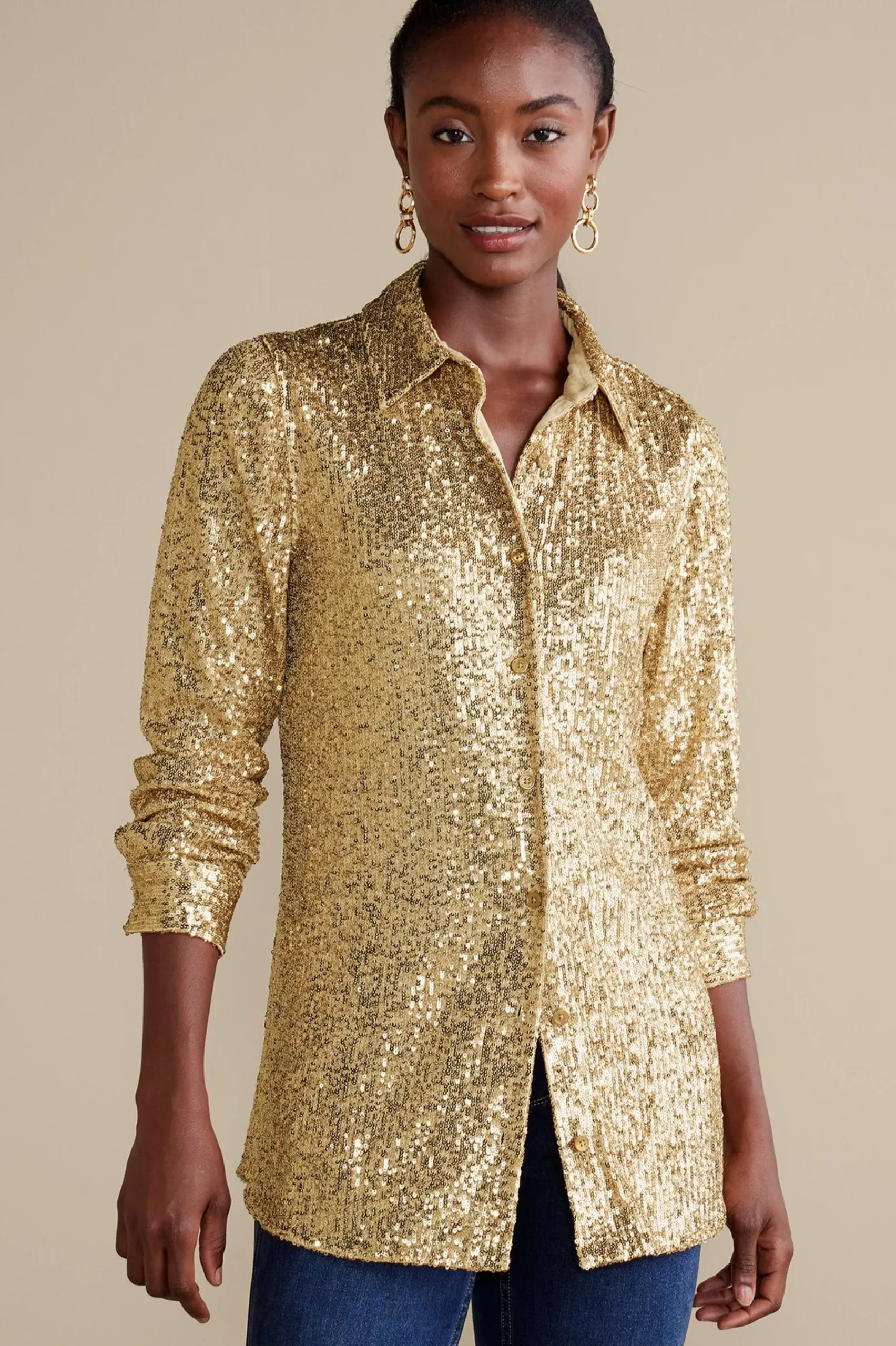 Feminine Flourish|long sleeve-Soft Surroundings Sancerre Sequin Shirt Gold Sequin