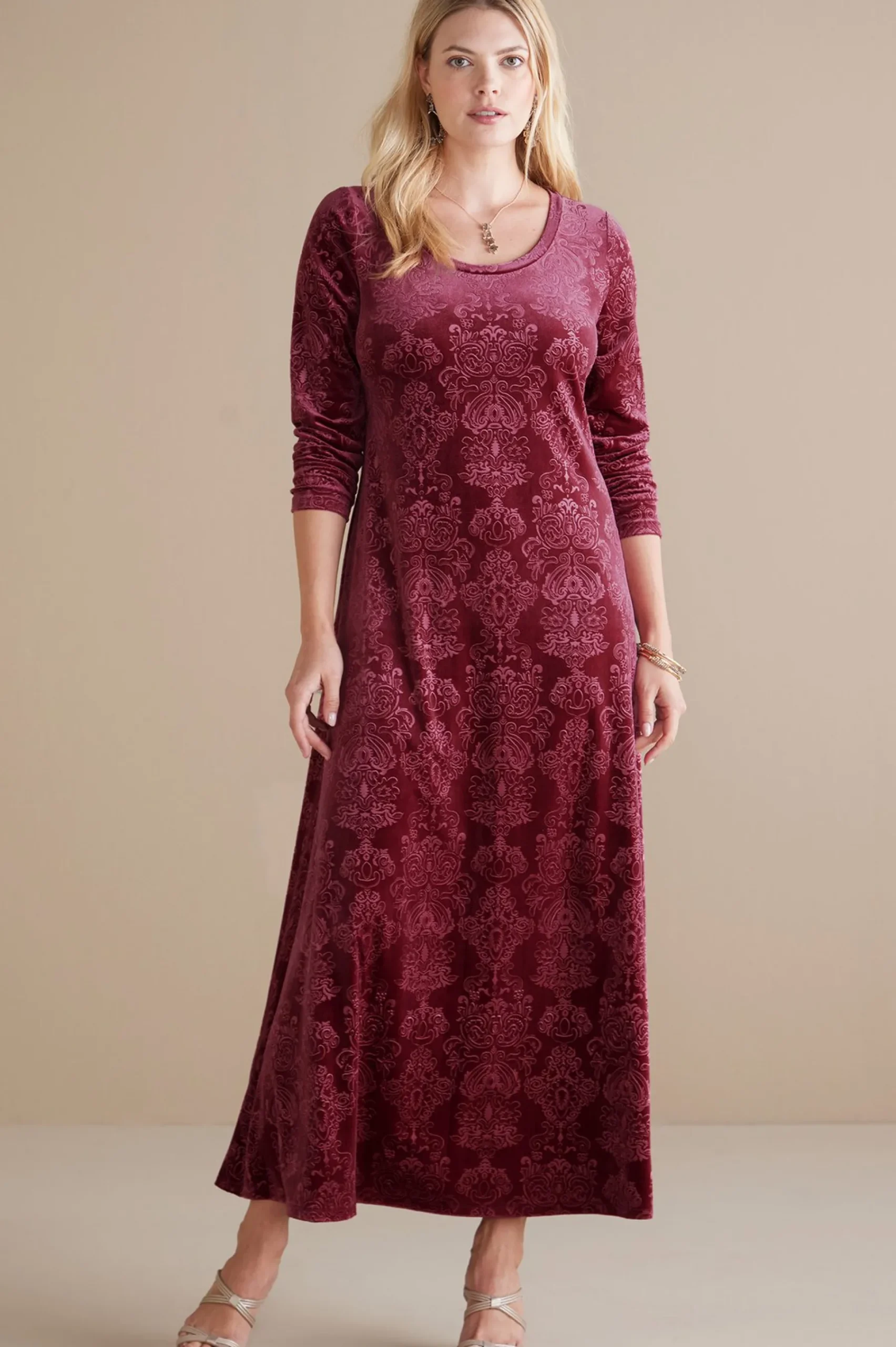 Feminine Flourish|EVelvet Styles-Soft Surroundings Santiago Embossed Velvet Dress Cabernet Tapestry