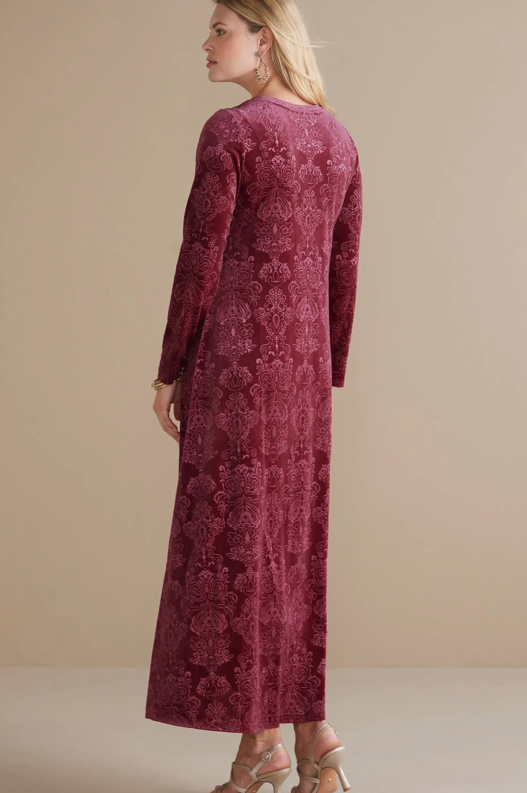 Feminine Flourish|EVelvet Styles-Soft Surroundings Santiago Embossed Velvet Dress Cabernet Tapestry