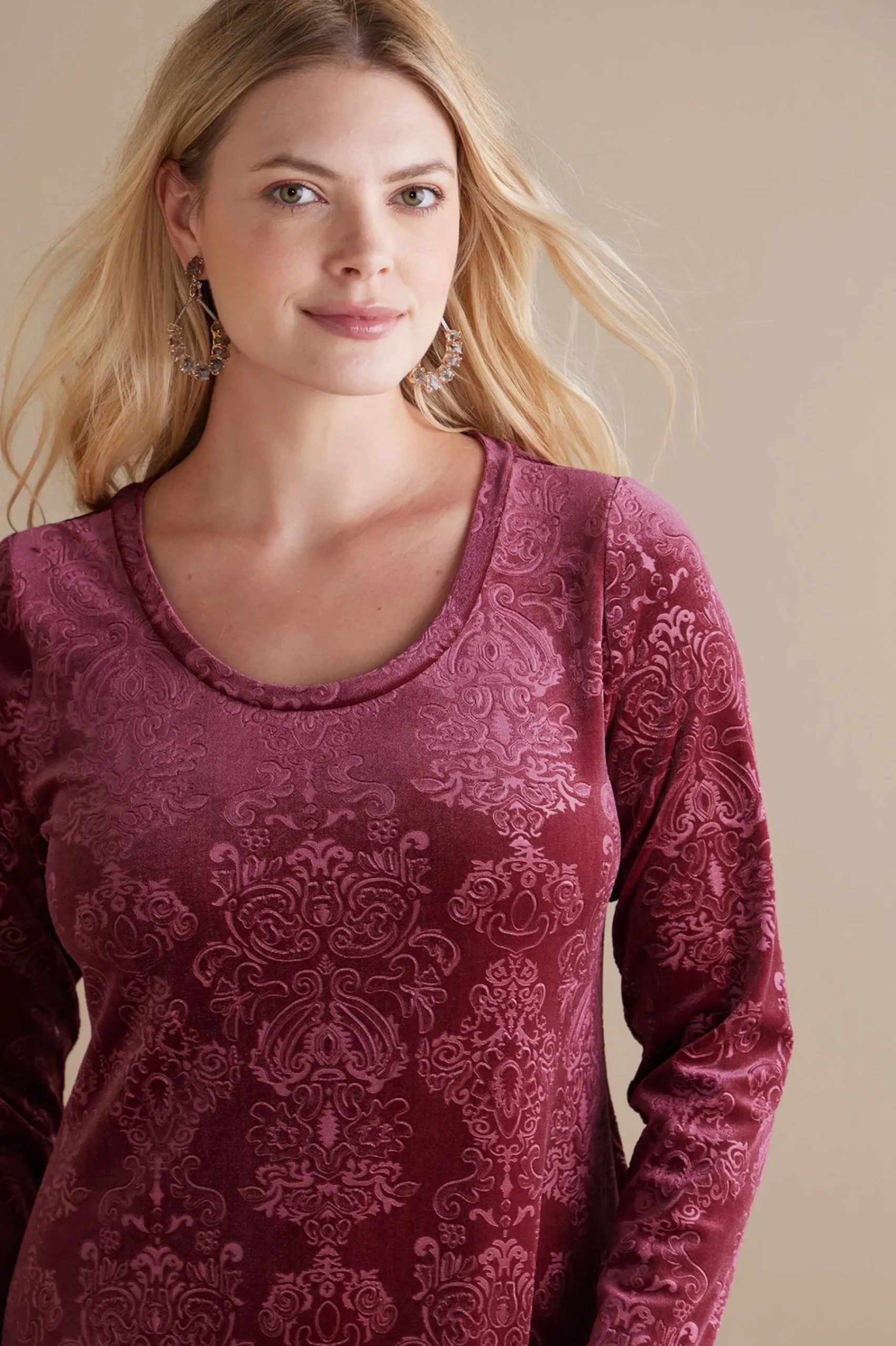 Feminine Flourish|EVelvet Styles-Soft Surroundings Santiago Embossed Velvet Dress Cabernet Tapestry