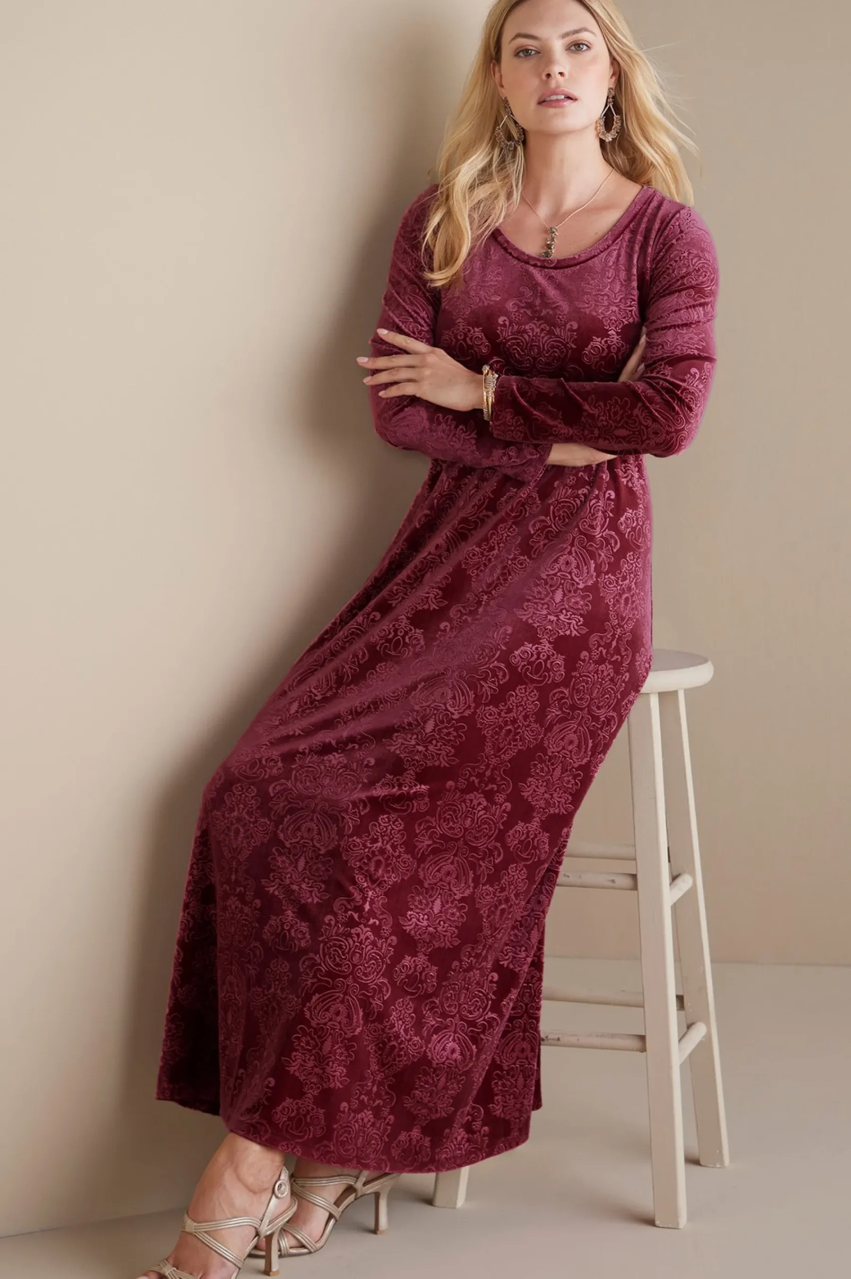 Feminine Flourish|EVelvet Styles-Soft Surroundings Santiago Embossed Velvet Dress Cabernet Tapestry