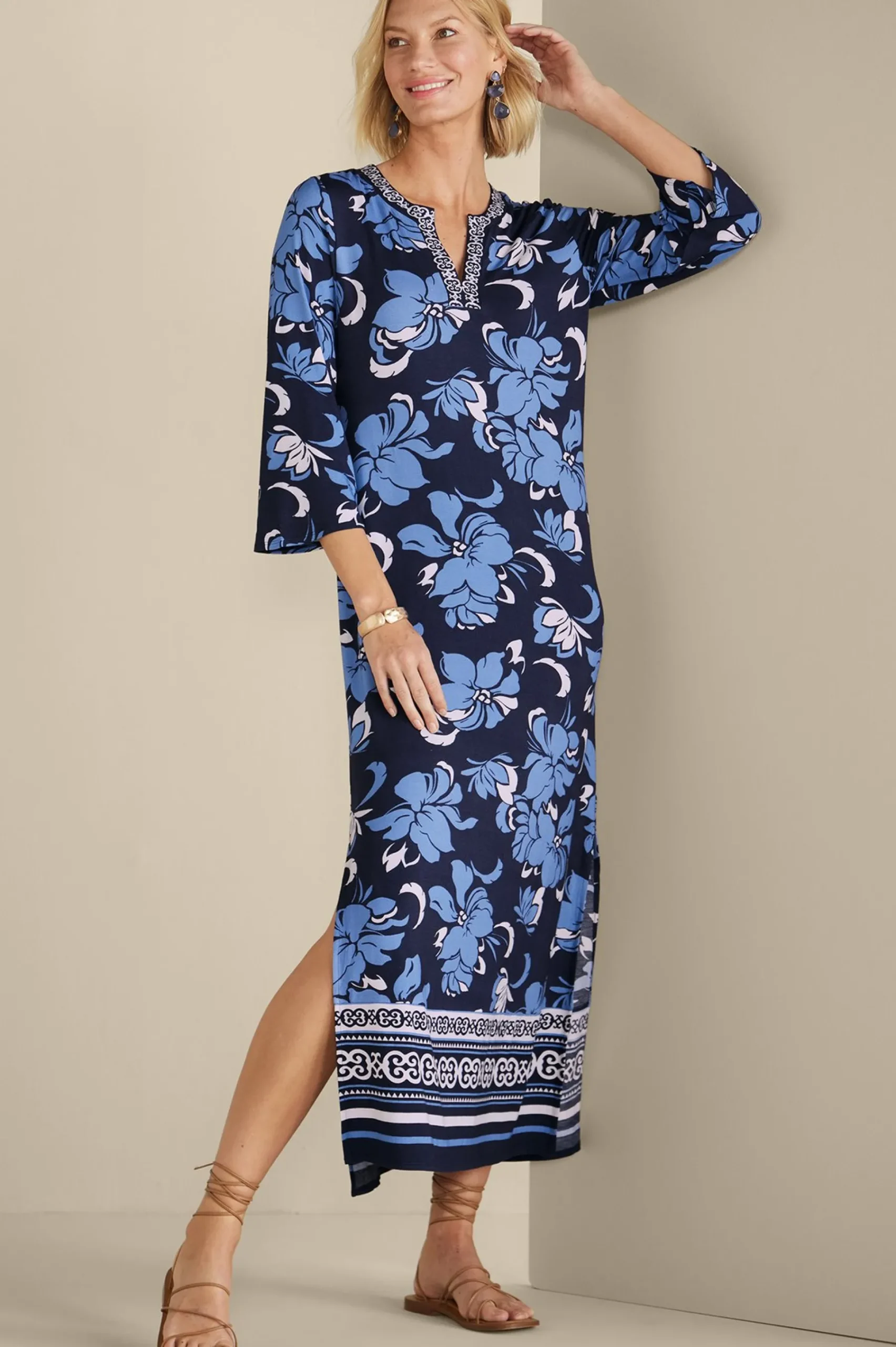Into The Blues|Vacation Shop-Soft Surroundings Sedona Maxi Dress Menara Bloom Blue + White