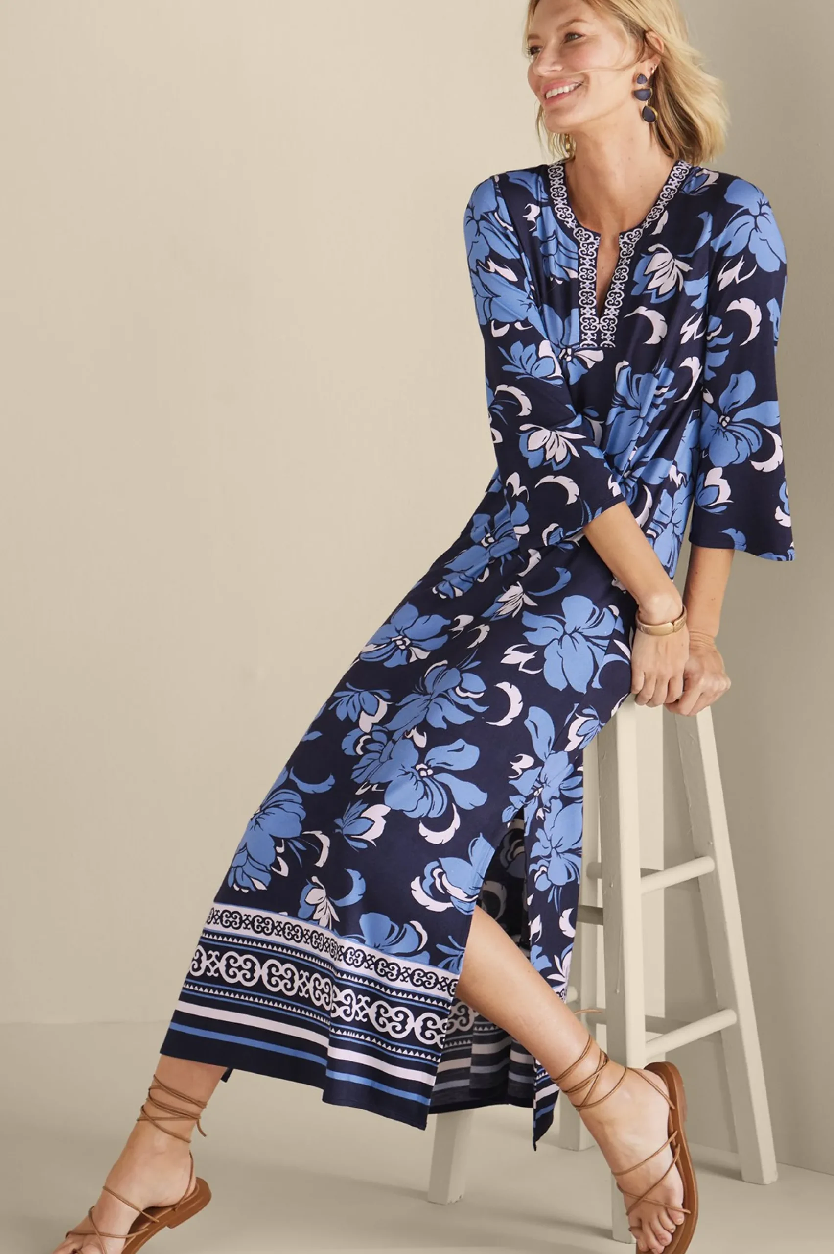 Into The Blues|Vacation Shop-Soft Surroundings Sedona Maxi Dress Menara Bloom Blue + White