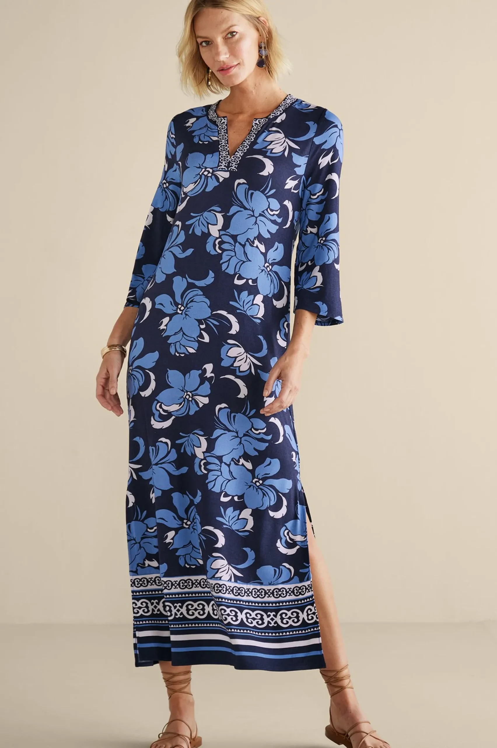 Into The Blues|Vacation Shop-Soft Surroundings Sedona Maxi Dress Menara Bloom Blue + White