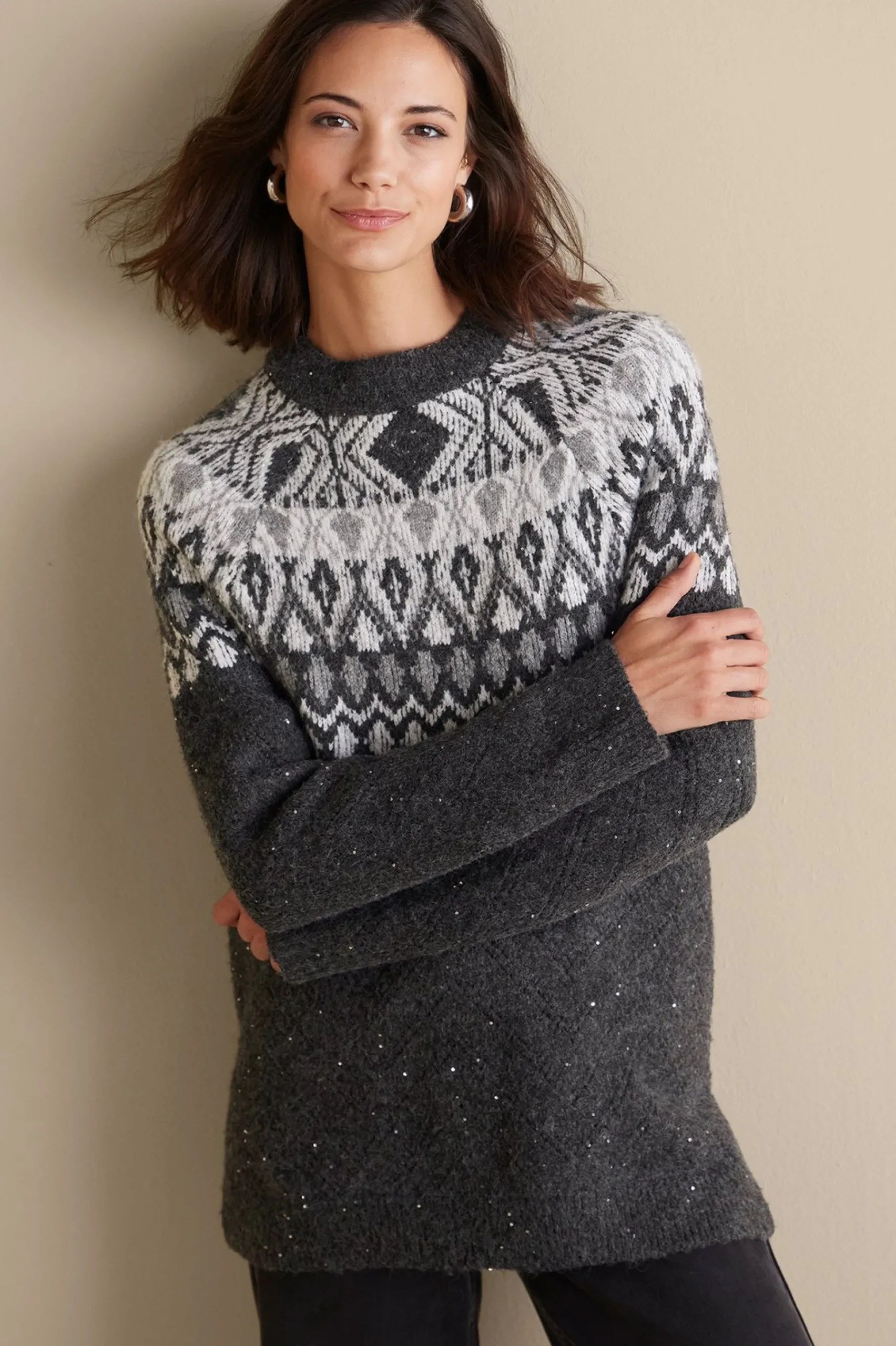 Everyday Styles|Sweaters & Cardigans-Soft Surroundings Seelie Fair Isle Sweater Dark Grey