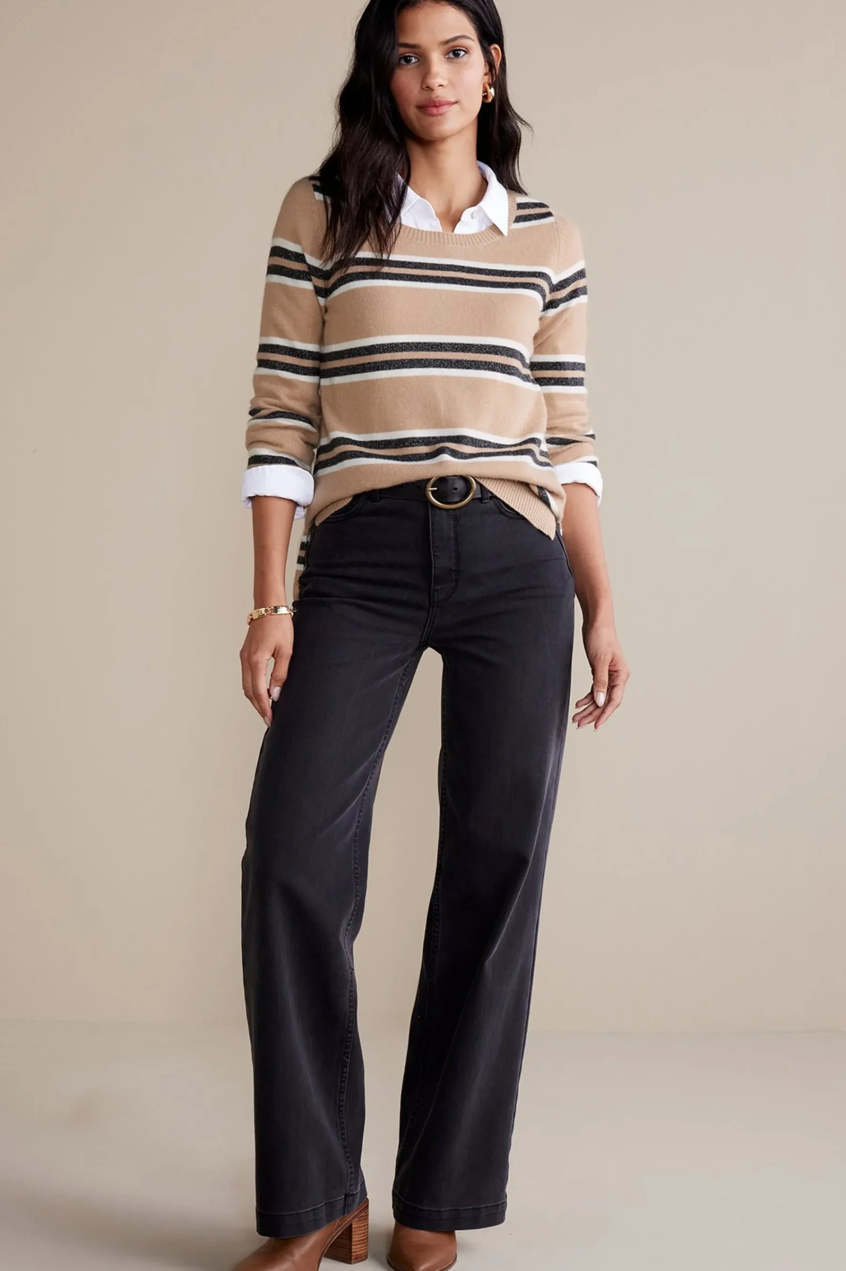 Sweaters & Cardigans|long sleeve-Soft Surroundings Shayna Cashmere Sweater Camel Stripe