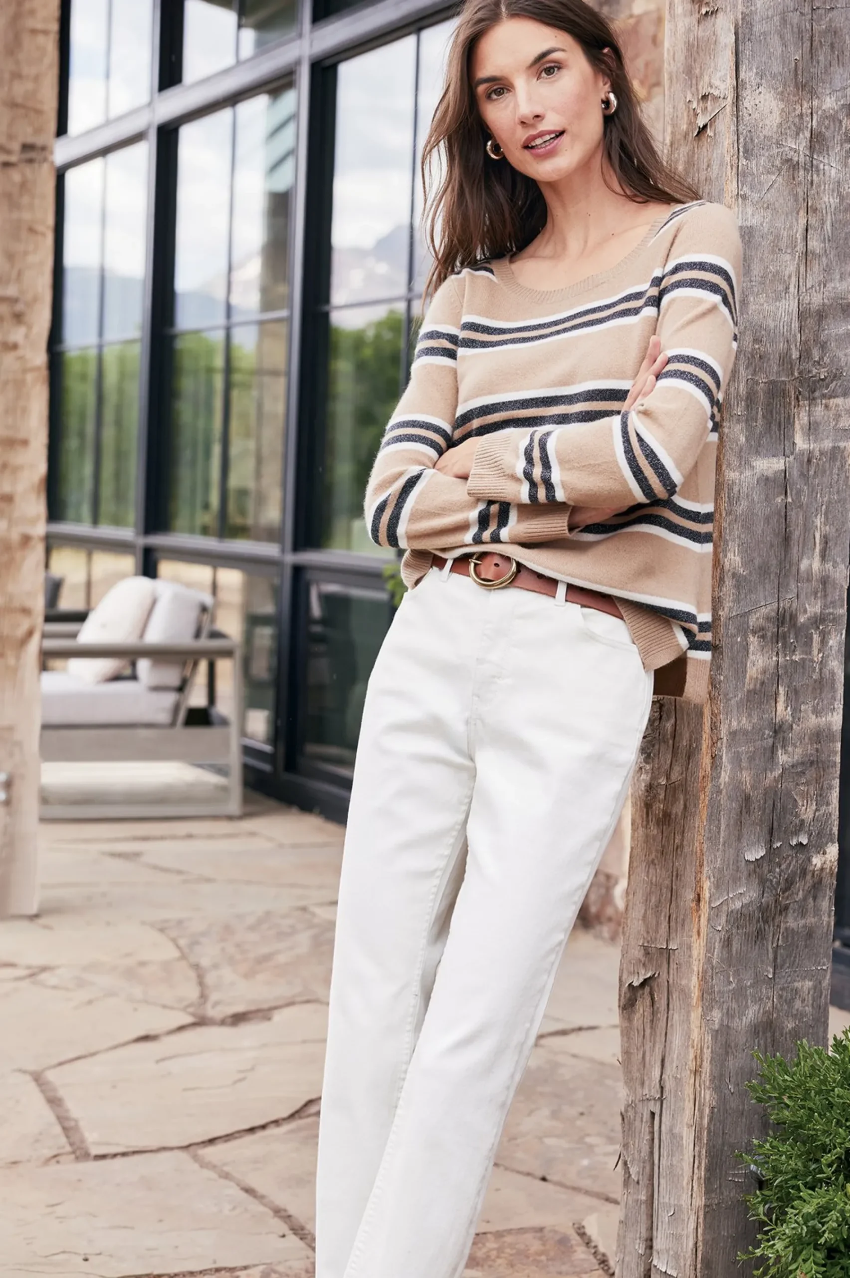 Sweaters & Cardigans|long sleeve-Soft Surroundings Shayna Cashmere Sweater Camel Stripe