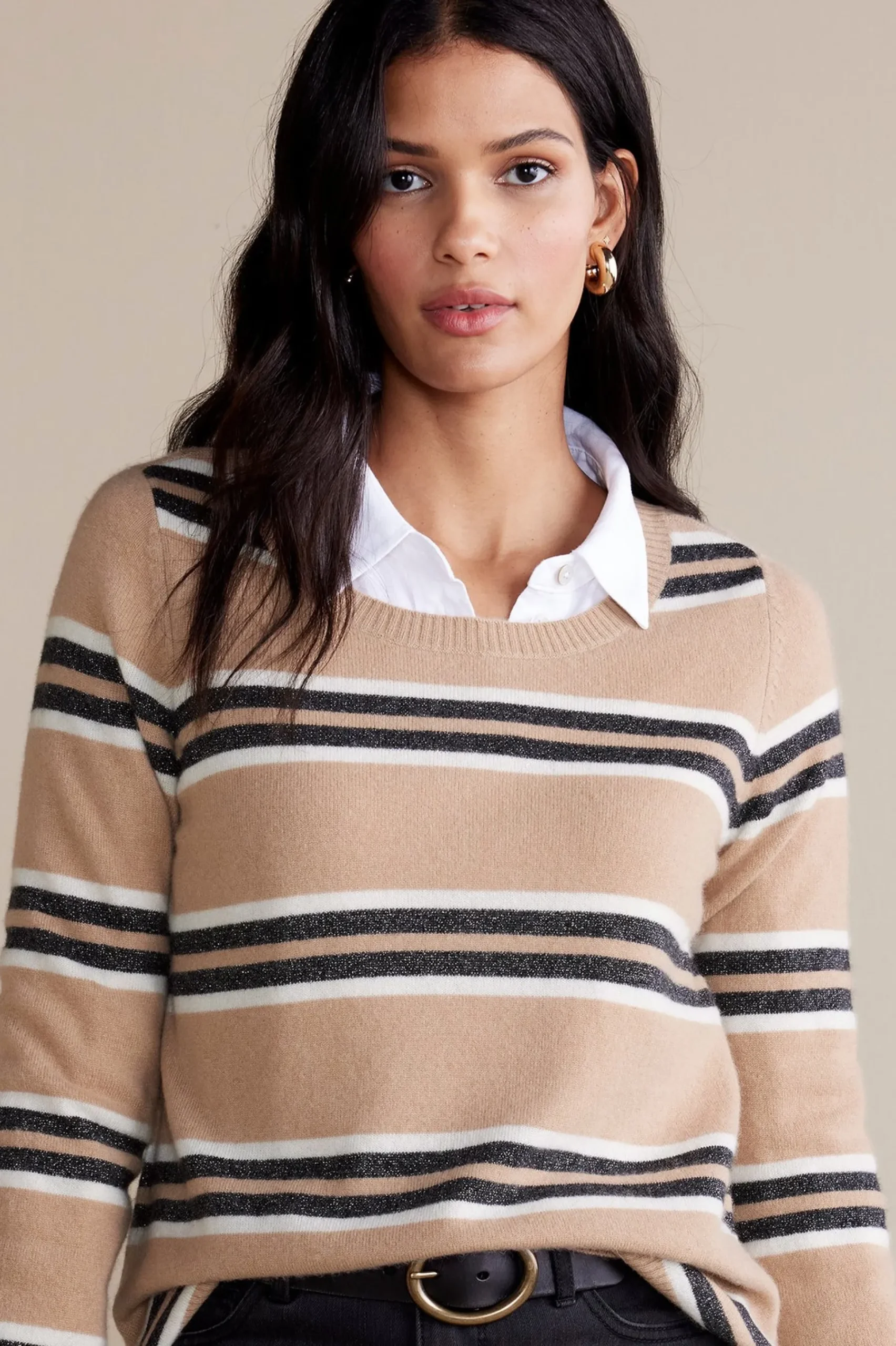 Sweaters & Cardigans|long sleeve-Soft Surroundings Shayna Cashmere Sweater Camel Stripe