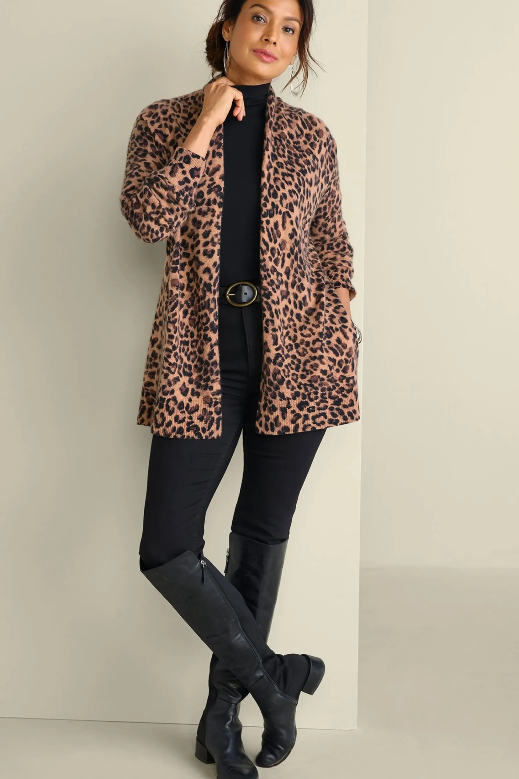 Sweaters & Cardigans|prints-Soft Surroundings Sibyl Cashmere Printed Cardigan Snow Leopard