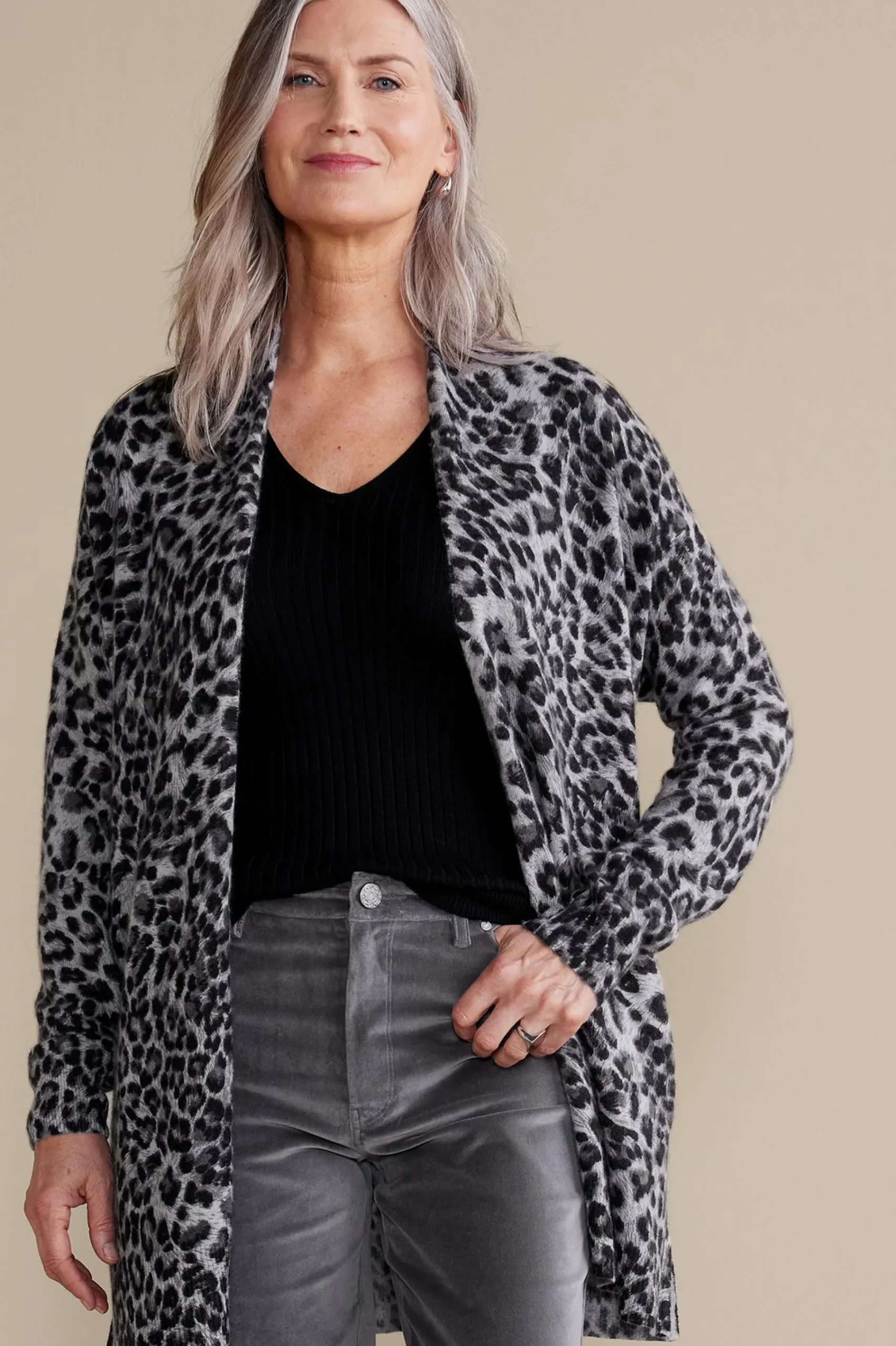 Sweaters & Cardigans|prints-Soft Surroundings Sibyl Cashmere Printed Cardigan Snow Leopard