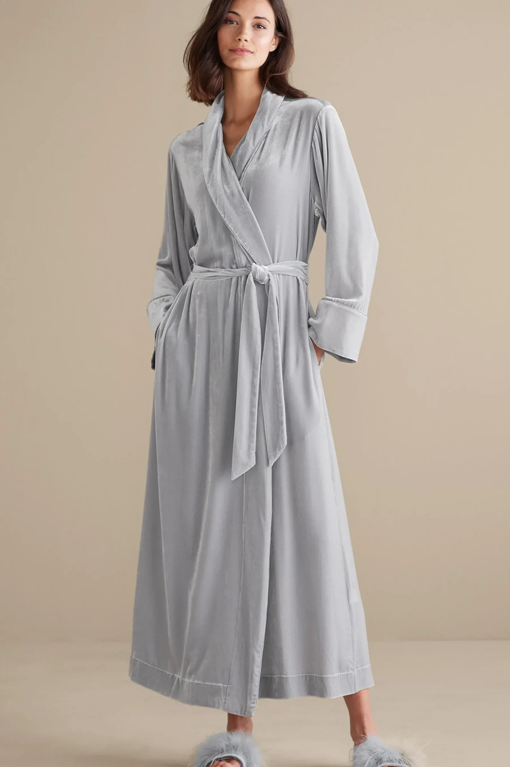 Sleepwear & Lounge|EVelvet Styles-Soft Surroundings Silk Velvet Robe Platinum Grey