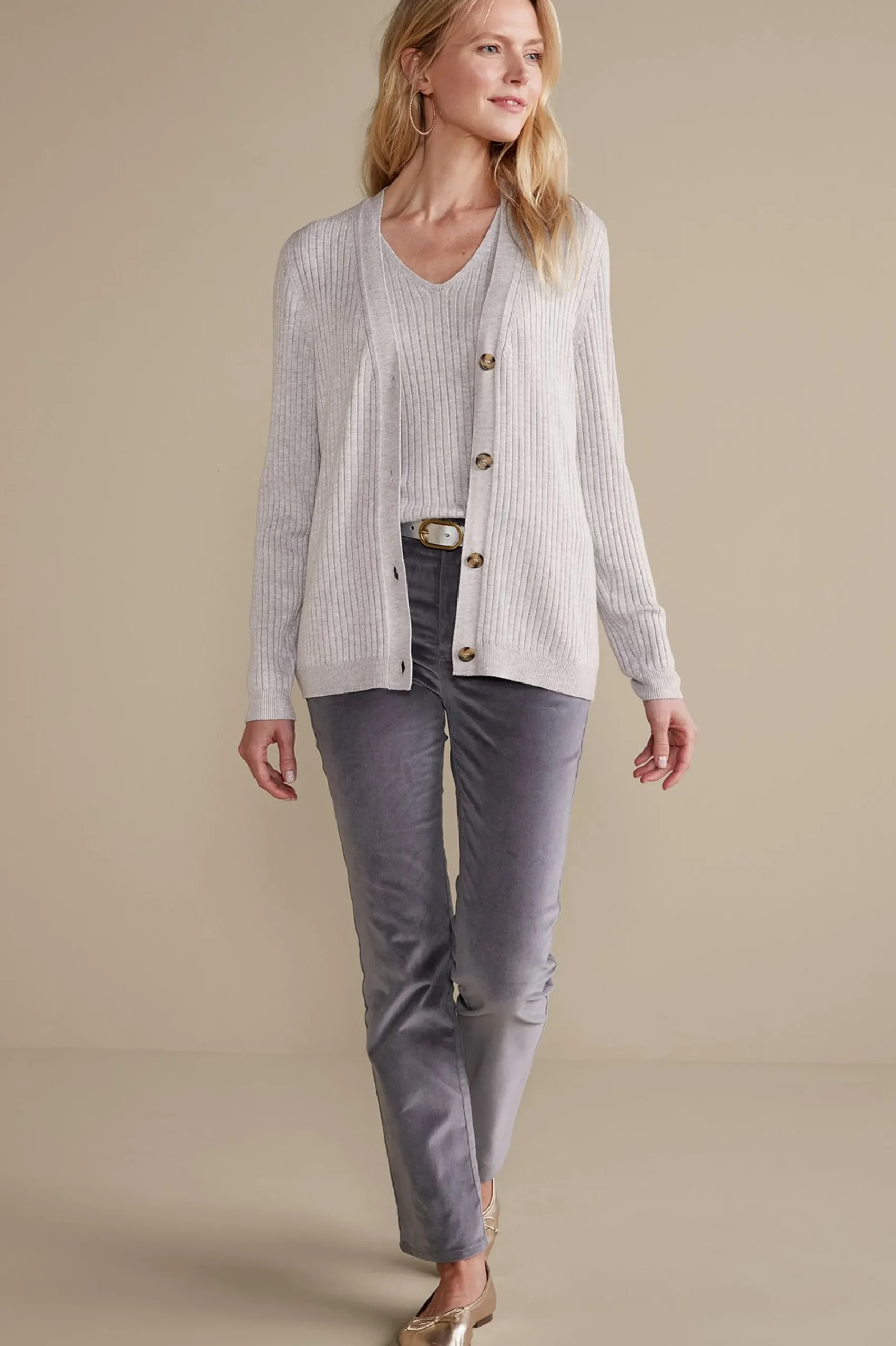 Soft Essential Styles|Everyday Styles-Soft Surroundings Soft Essential™ Ribbed Button-Front Cardi Light Grey Heather