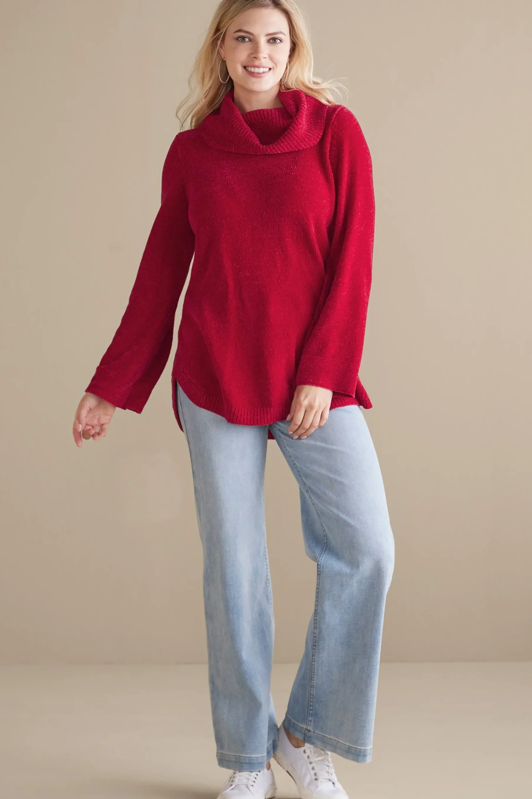 Everyday Styles|Sweaters & Cardigans-Soft Surroundings Soft Winds Chenille Tunic Sweater Sangria Red