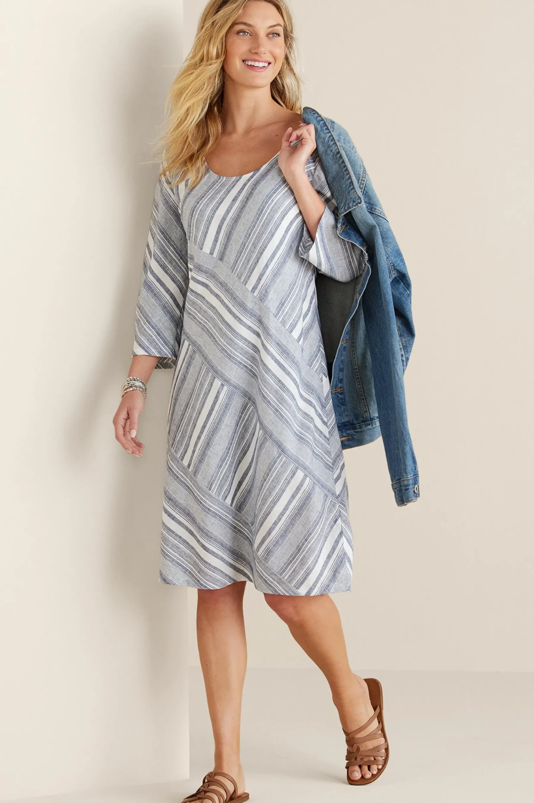 Vacation Shop|Linen Shop-Soft Surroundings Sonya Linen Dress White/Blue