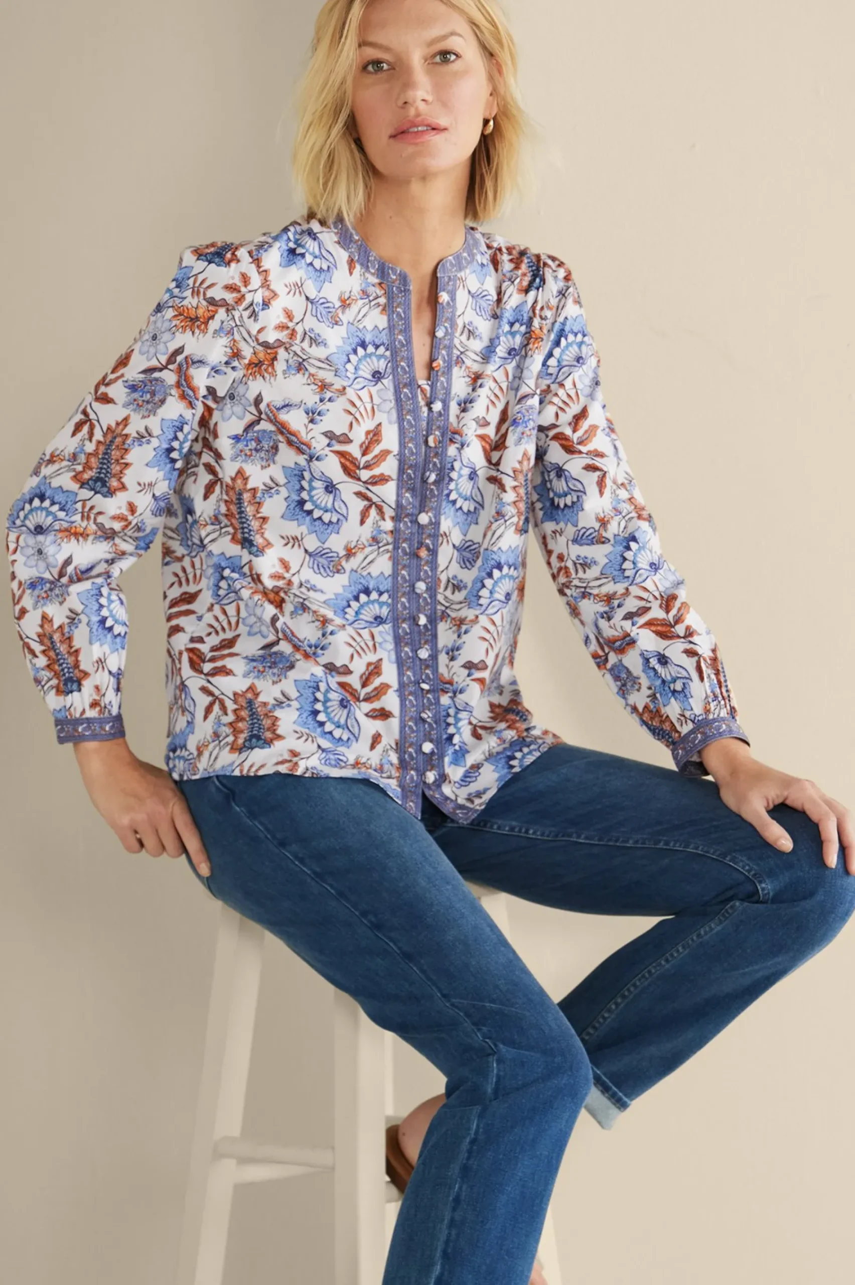 Feminine Flourish|Into The Blues-Soft Surroundings Tracy Top Chambray Calico