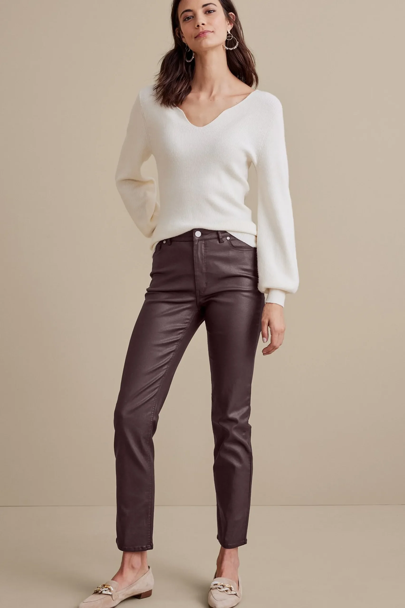Everyday Styles|leggings-Soft Surroundings Ultimate Denim Coated Straight Leg Jeans Coated Dark Brown