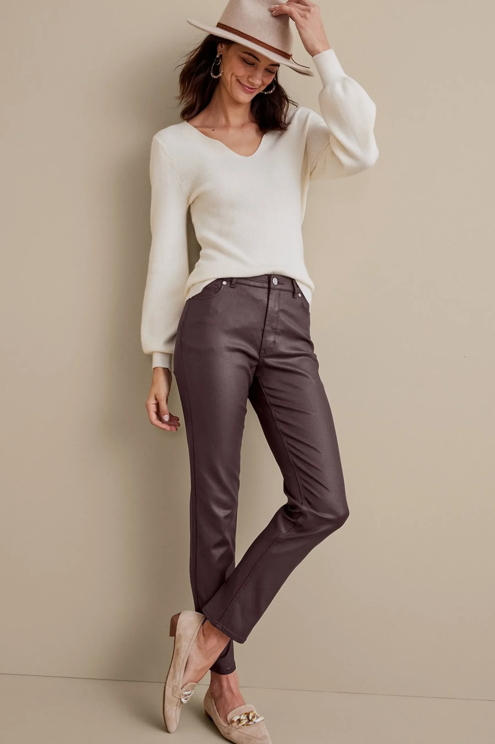Everyday Styles|leggings-Soft Surroundings Ultimate Denim Coated Straight Leg Jeans Coated Dark Brown
