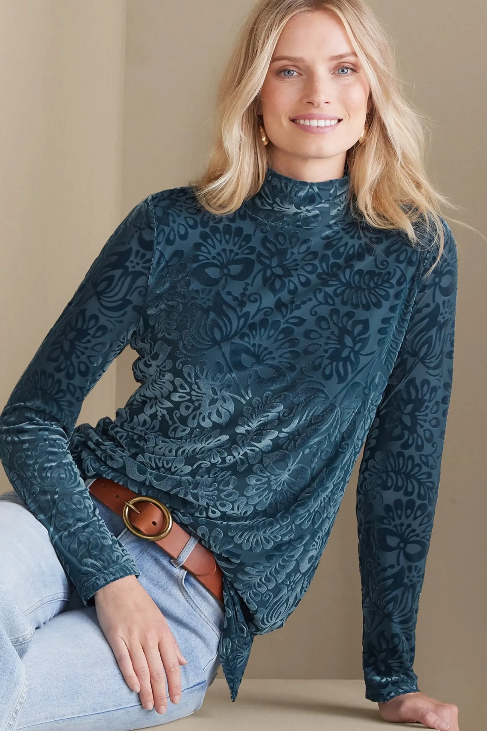 Feminine Flourish|Everyday Styles-Soft Surroundings Walden Velvet Turtleneck Red Dahlia