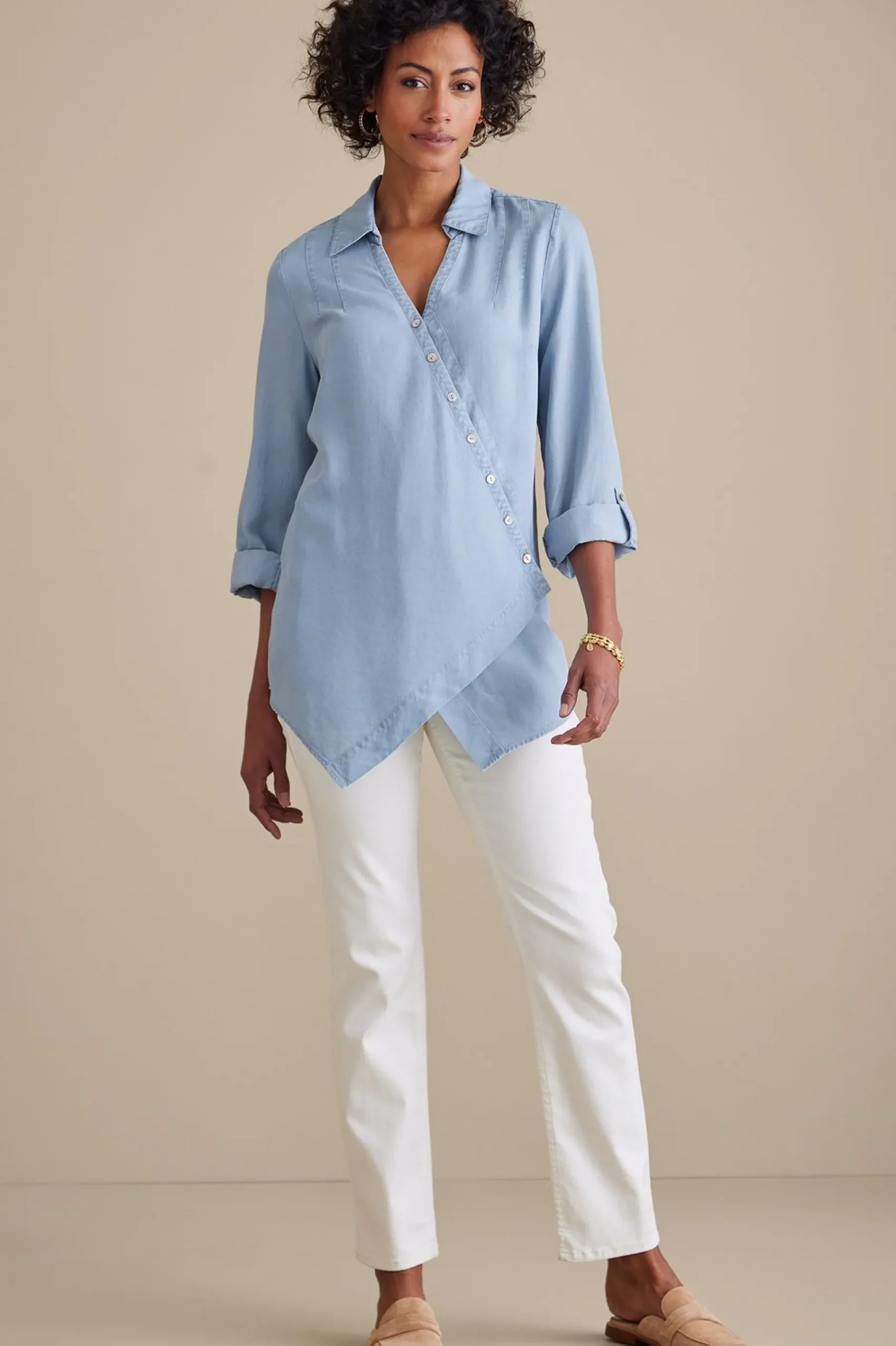 Into The Blues|Vacation Shop-Soft Surroundings Washed TENCEL Tunic Light Wash Denim