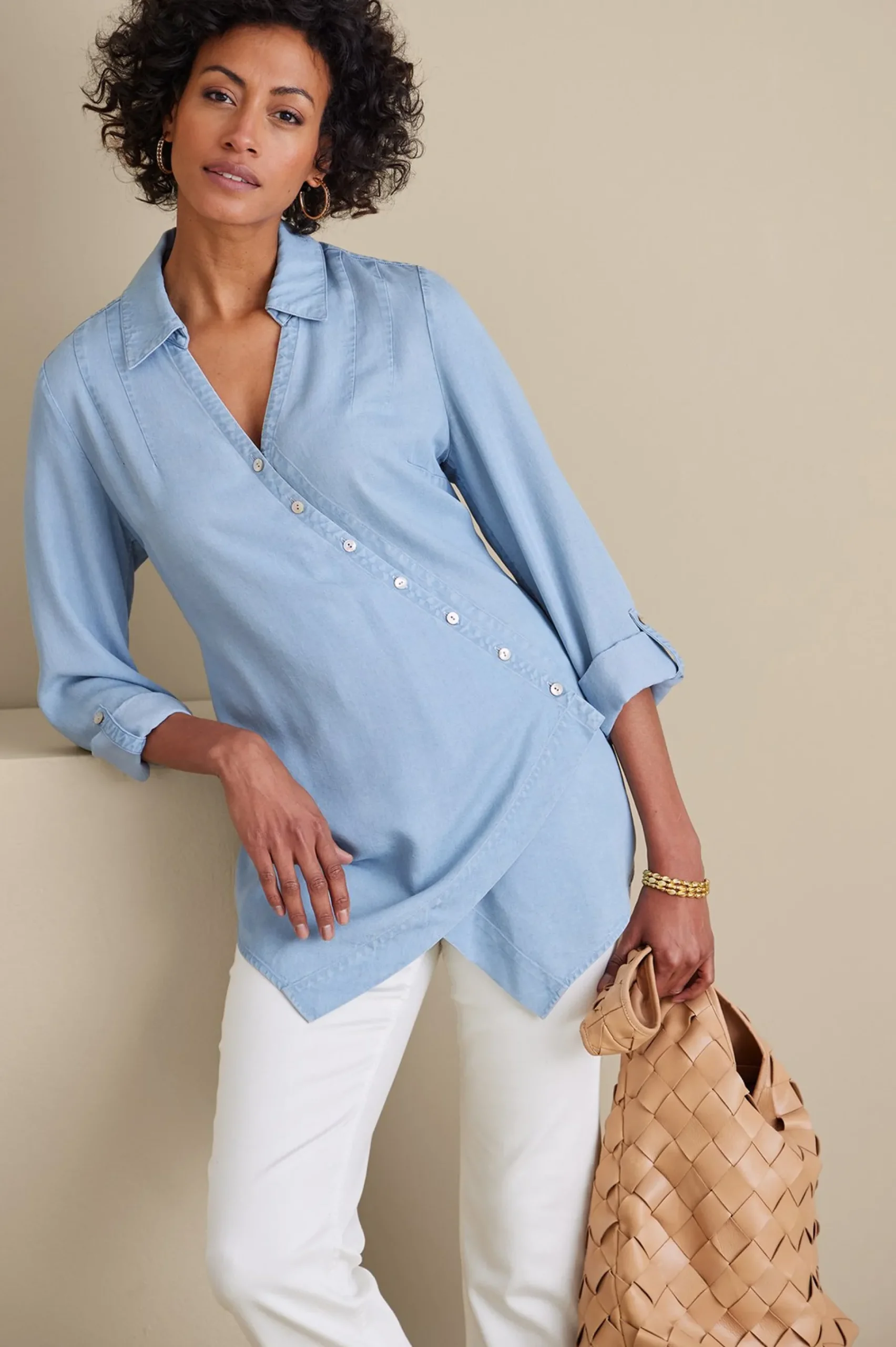 Into The Blues|Vacation Shop-Soft Surroundings Washed TENCEL Tunic Light Wash Denim